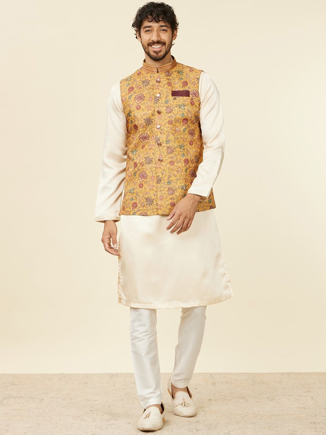 

Manyavar Men Embroidered Nehru Jacket, Mustard