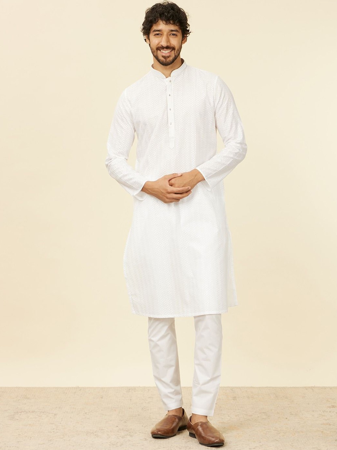 

Manyavar Men Embroidered Regular Kurta with Pyjamas, White