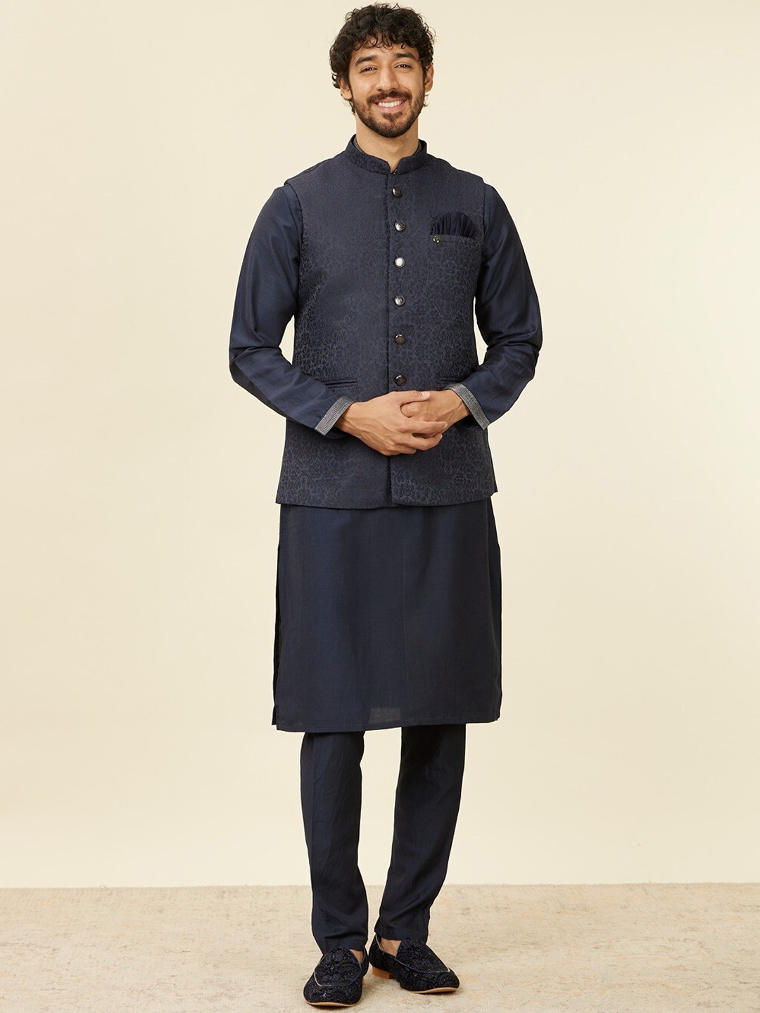 

Manyavar Woven-Design Nehru Jacket, Black