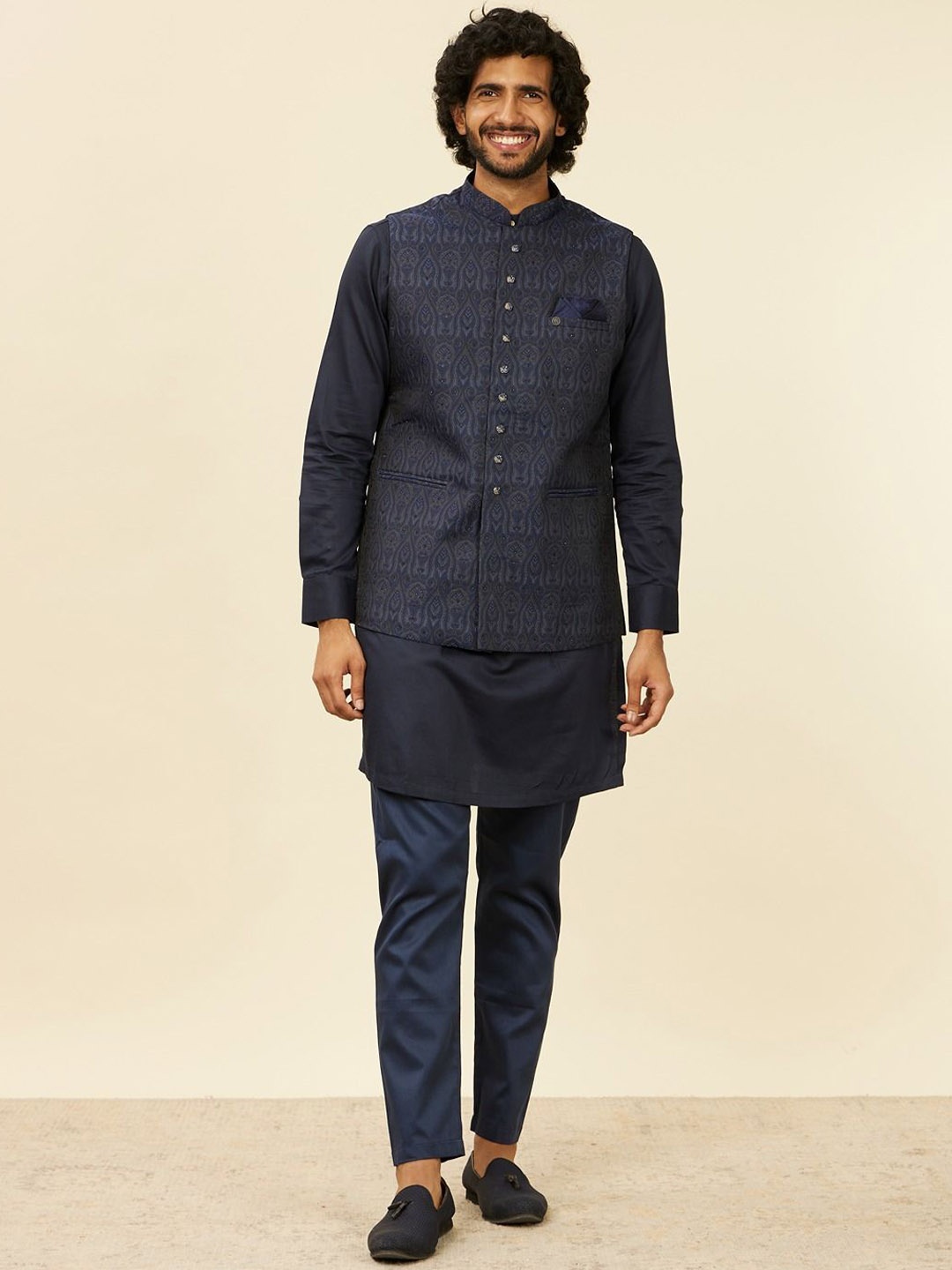 Manyavar Embroidered Woven Nehru Jacket, Blue