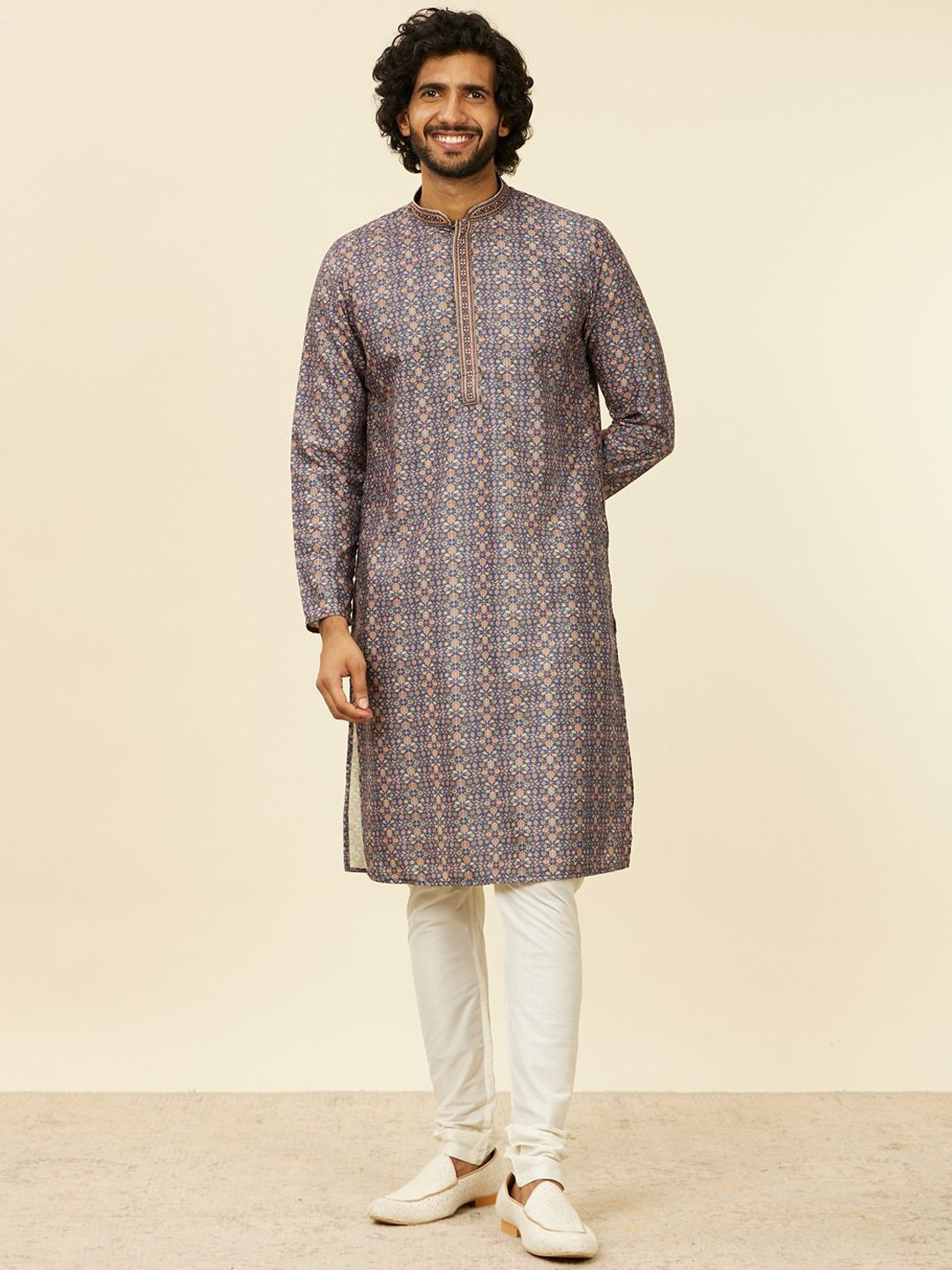 

Manyavar Men Printed Regular Kurta with Churidar, Blue
