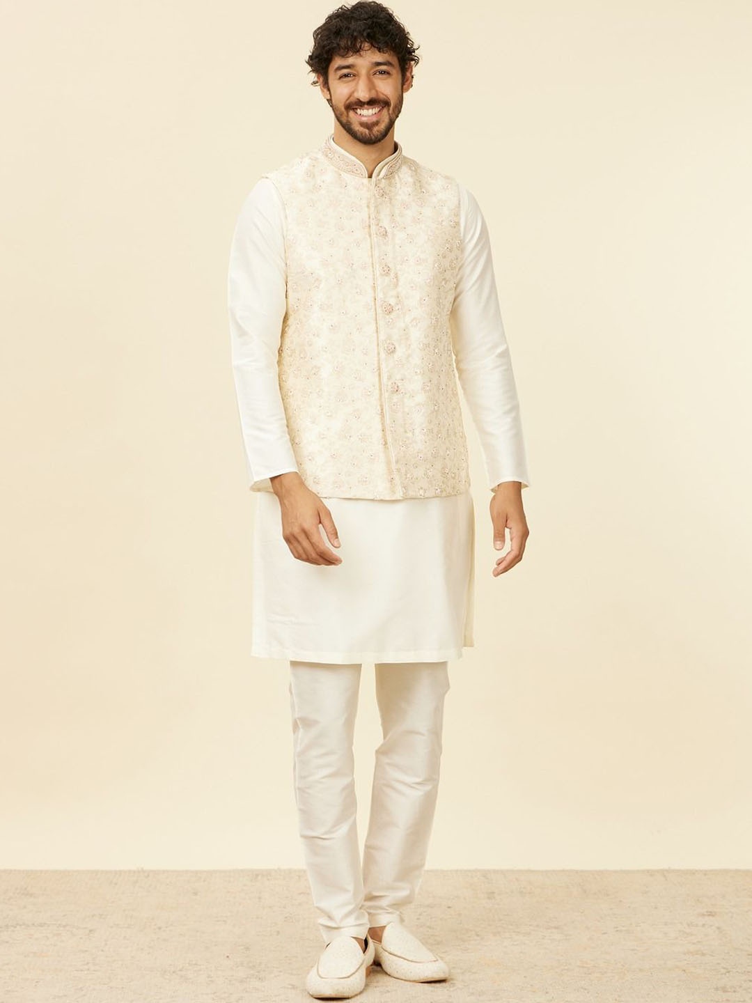 

Manyavar Embroidered Nehru Jacket, Cream