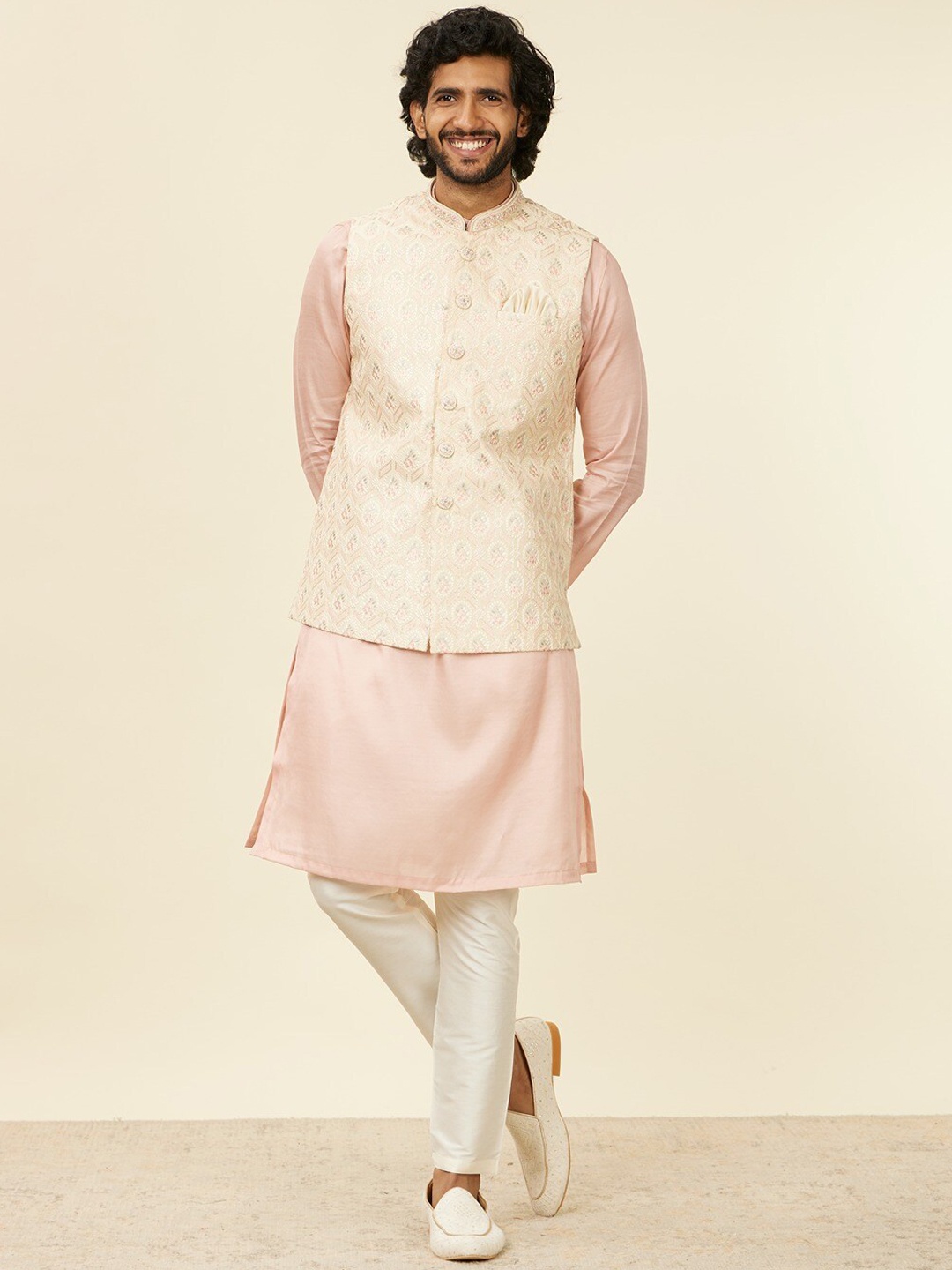 Manyavar Men Embroidered Nehru Jacket, Beige
