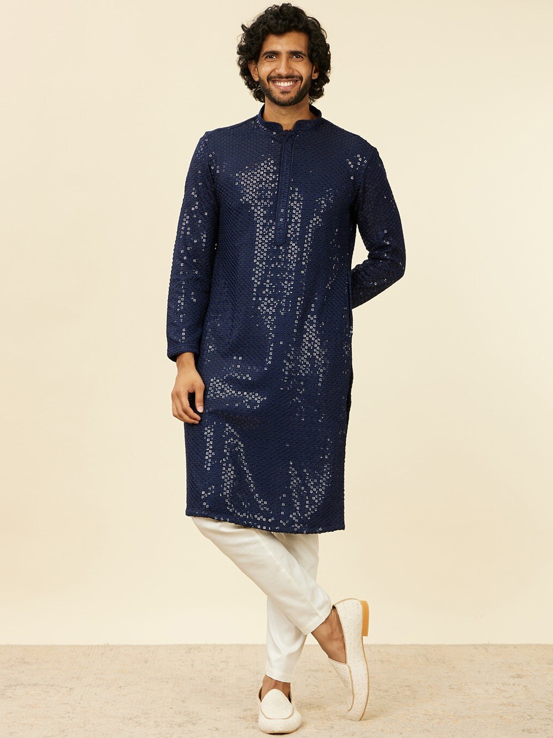 

Manyavar Men Floral Embroidered Regular Sequinned Kurta with Pyjamas, Blue