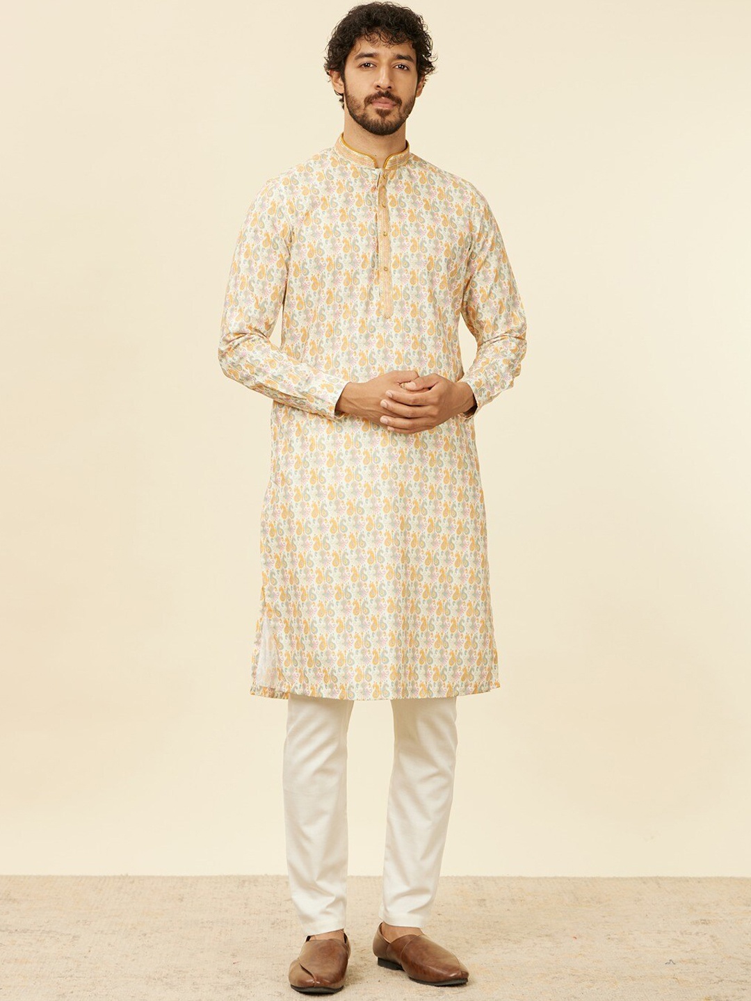

Manyavar Men Embroidered Regular Kurta with Pyjamas, Beige