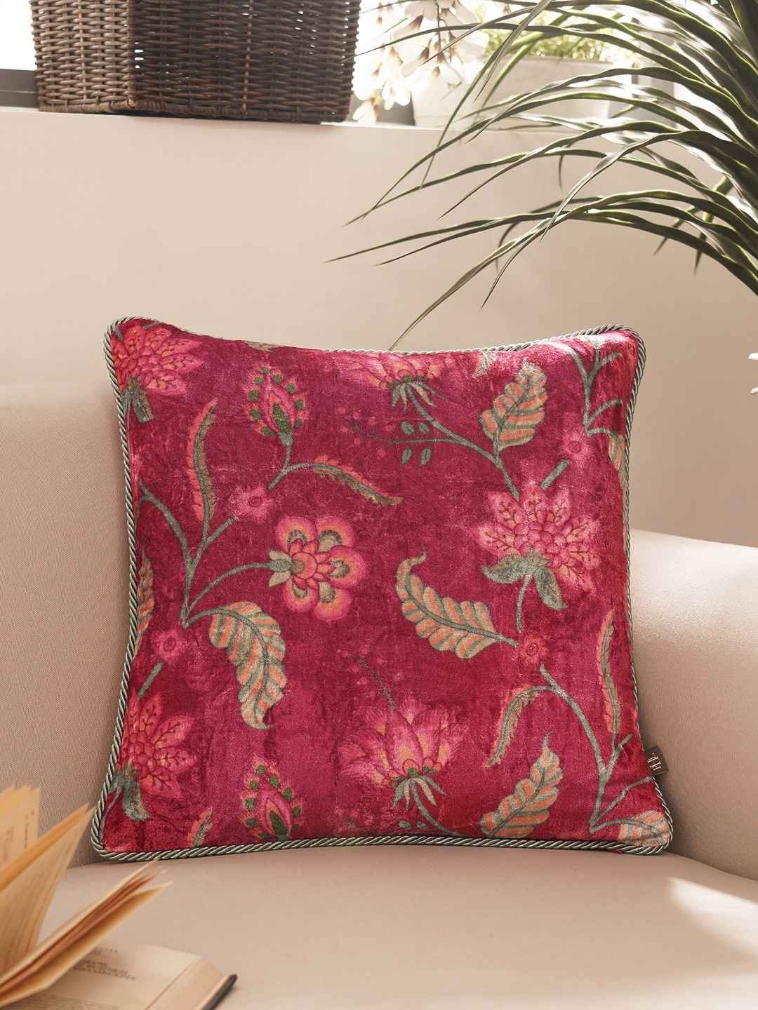 

Pure Home and Living Pink & Green Floral Velvet Square Cushion Covers