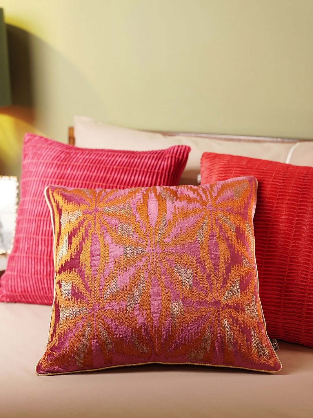 

Pure Home and Living Pink & Orange Embroidered Velvet Square Cushion Covers