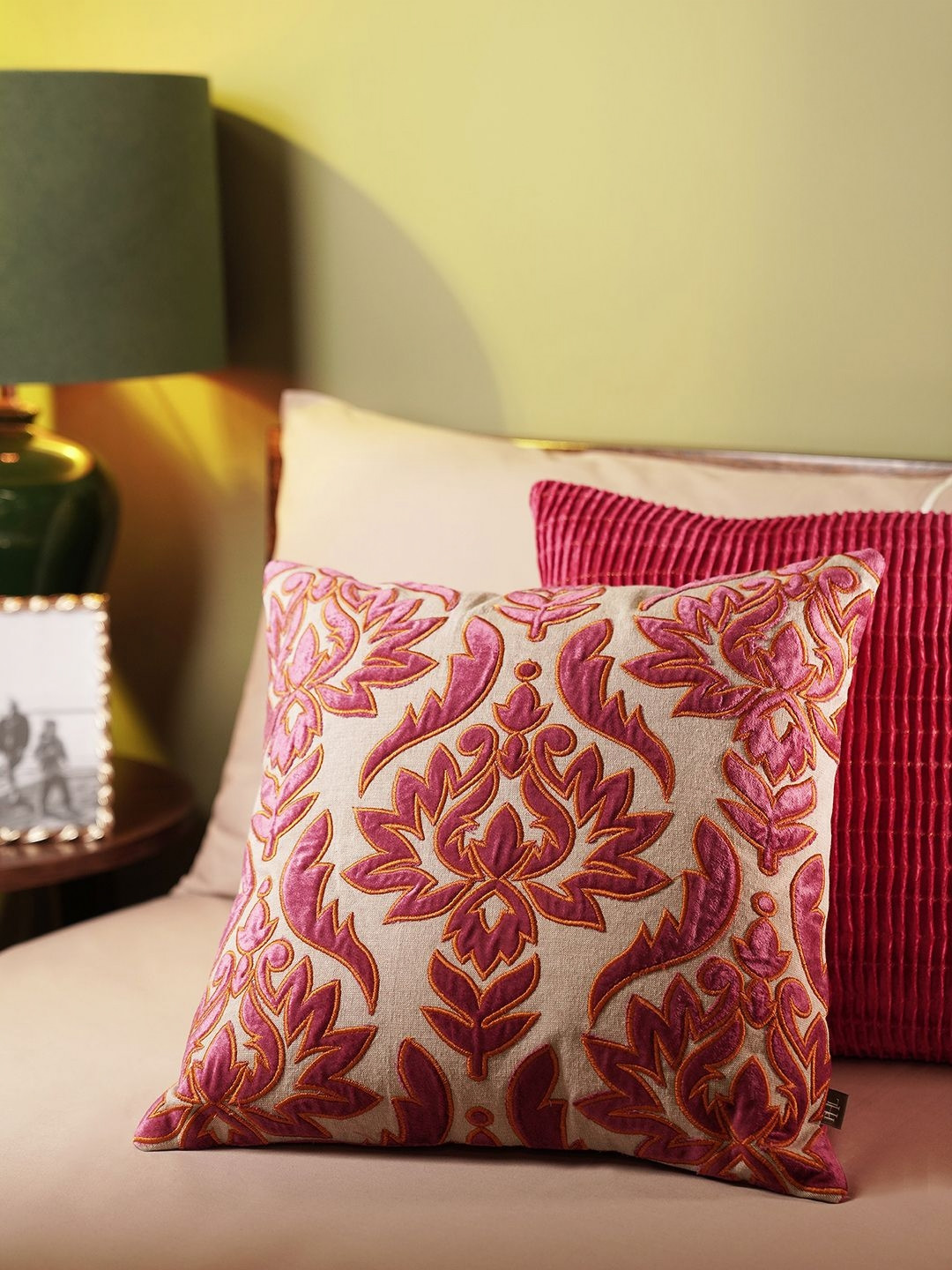 

Pure Home and Living White & Pink Ethnic Motifs Velvet Square Cushion Covers