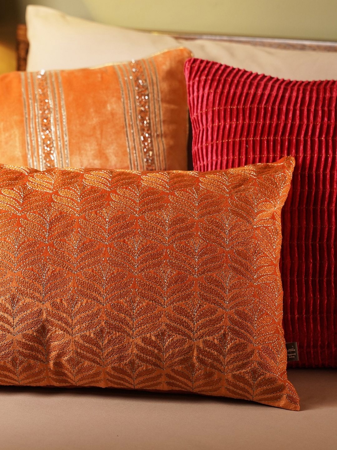 

Pure Home and Living Orange Embroidered Velvet Rectangle Cushion Covers