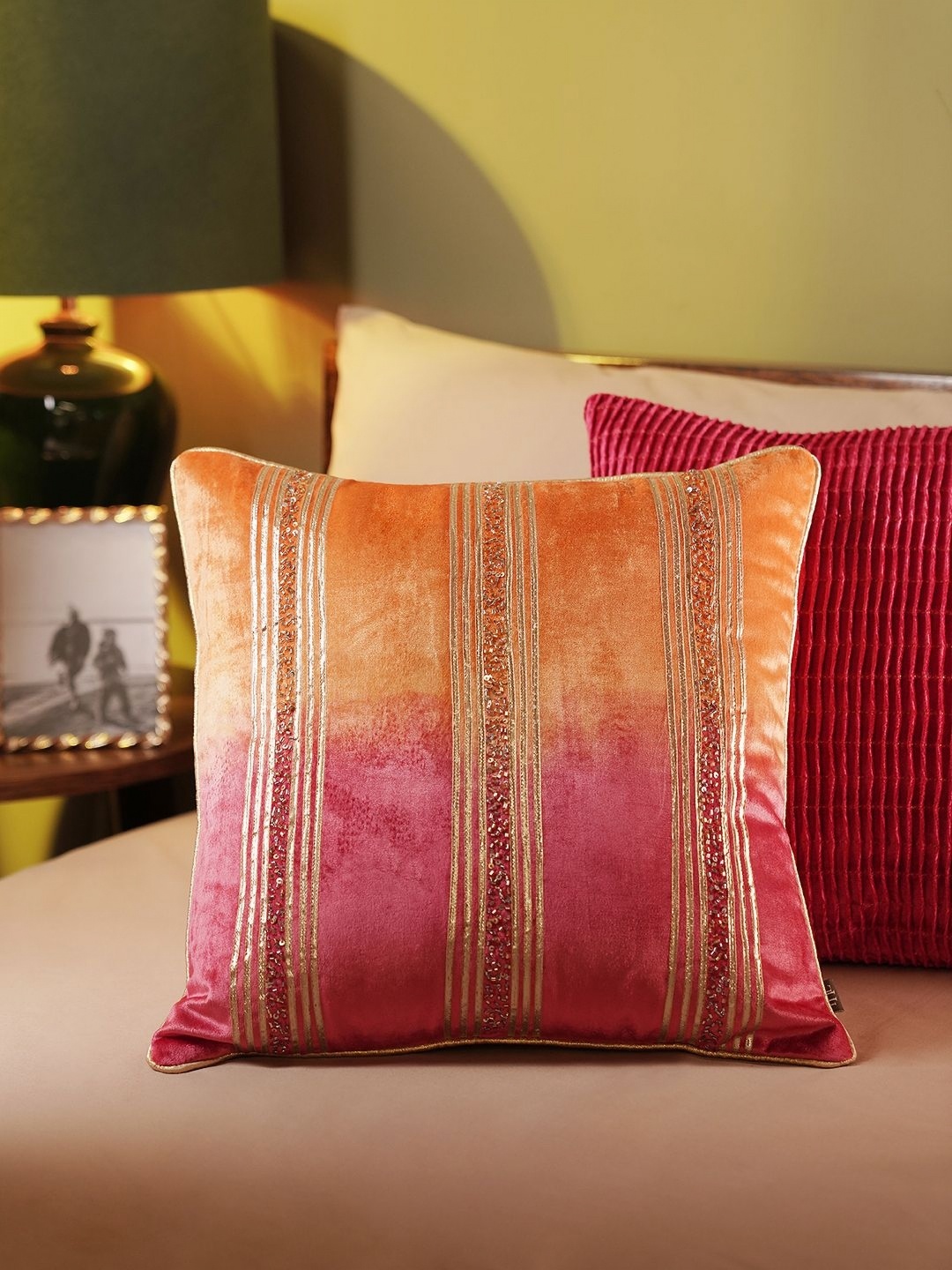 

Pure Home and Living Pink & Mustard Embellished Velvet Square Cushion Covers