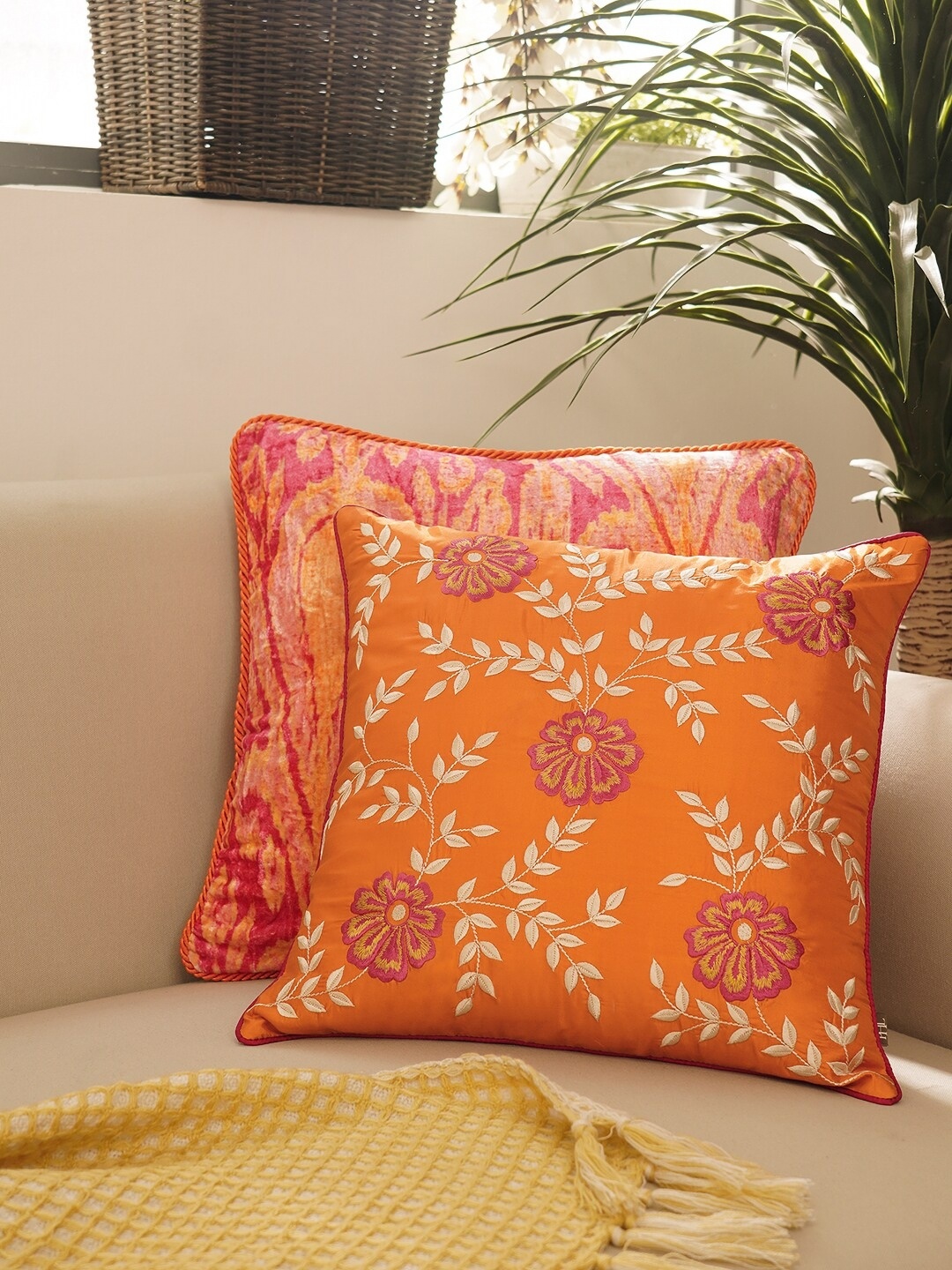 

Pure Home and Living Orange & White Embroidered Square Cushion Covers