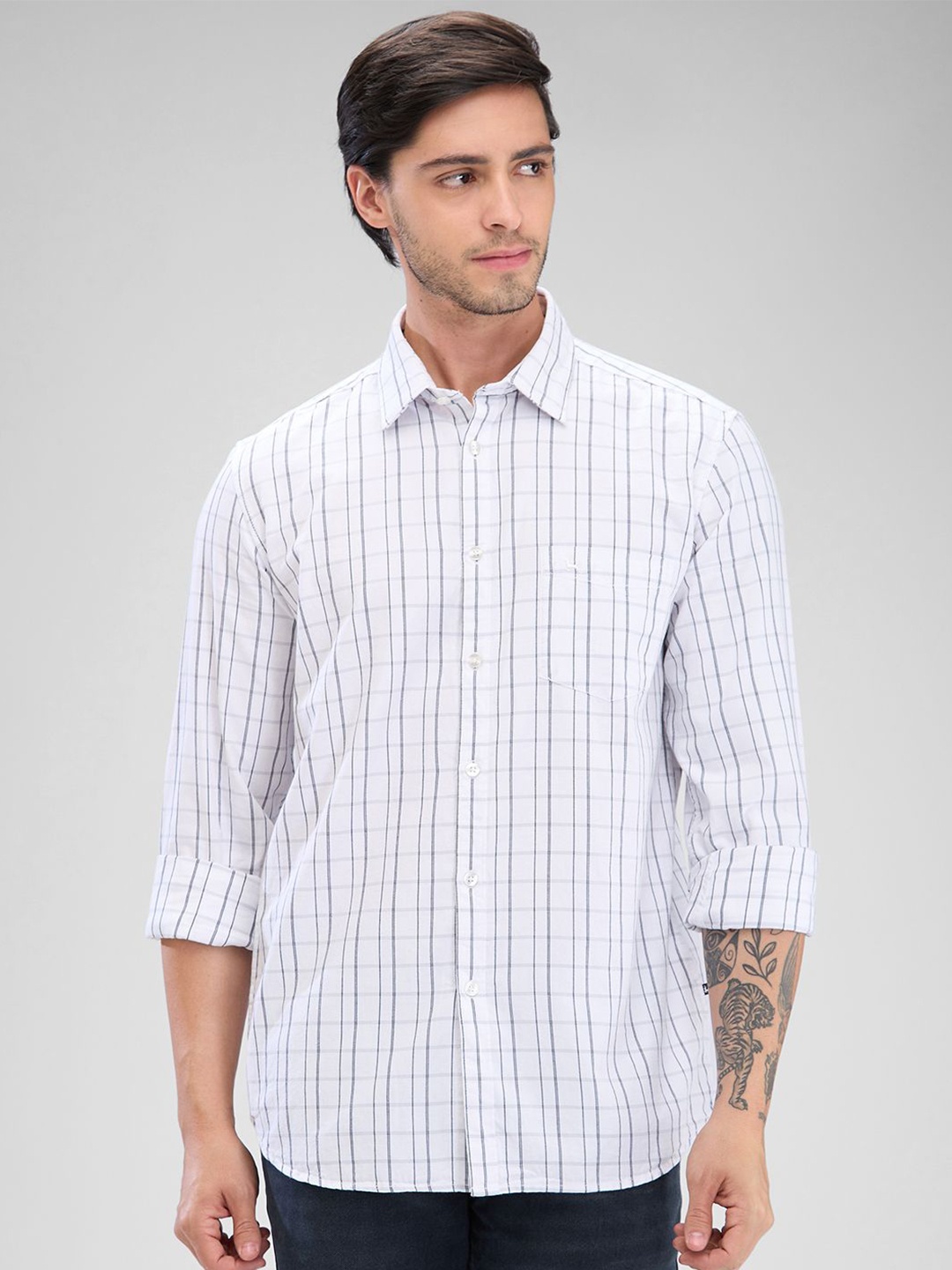 

Parx Men Slim Fit Grid Tattersall Checks Opaque Checked Casual Shirt, White