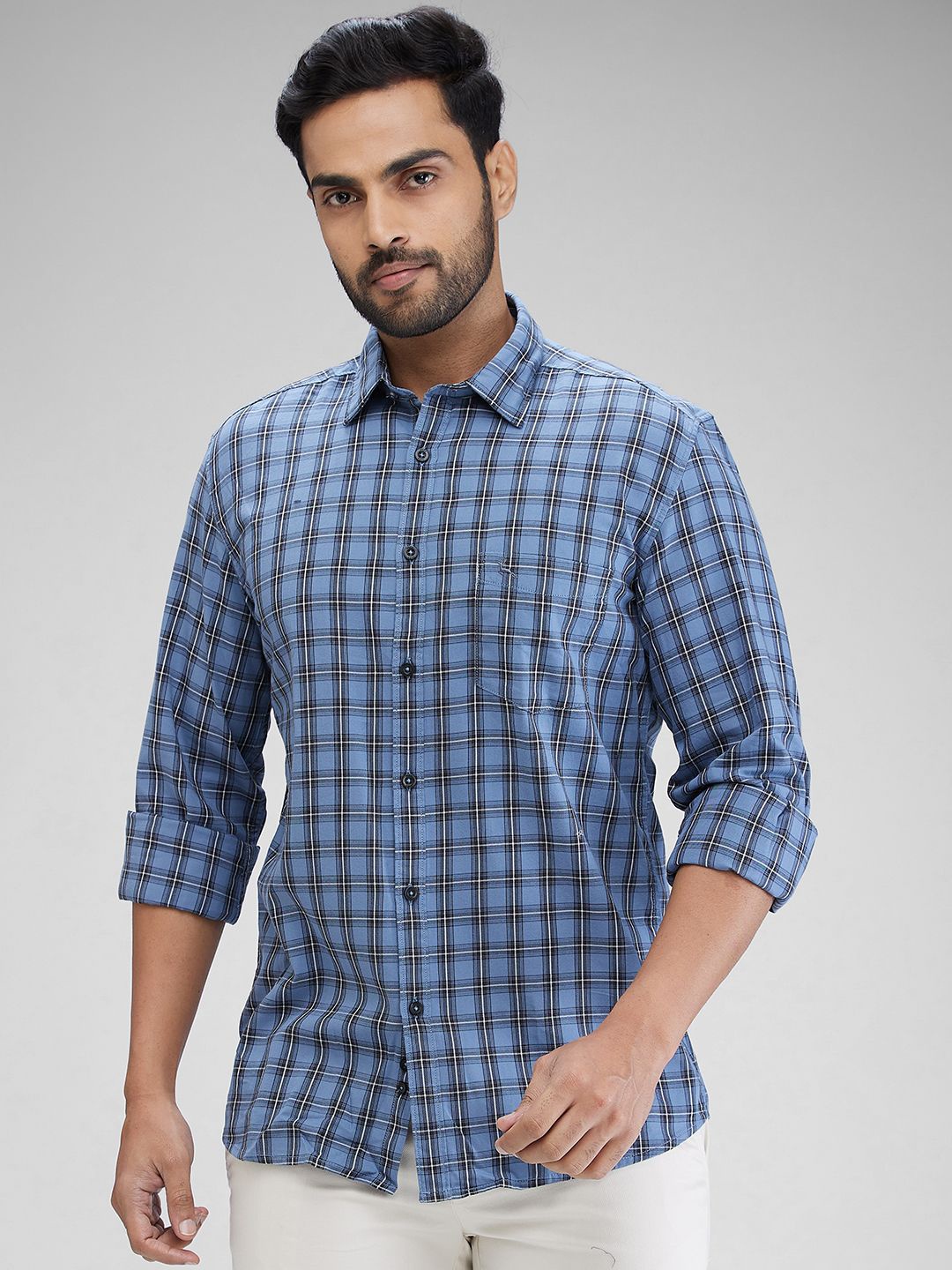 

Parx Men Slim Fit Tartan Checks Opaque Checked Casual Shirt, Blue
