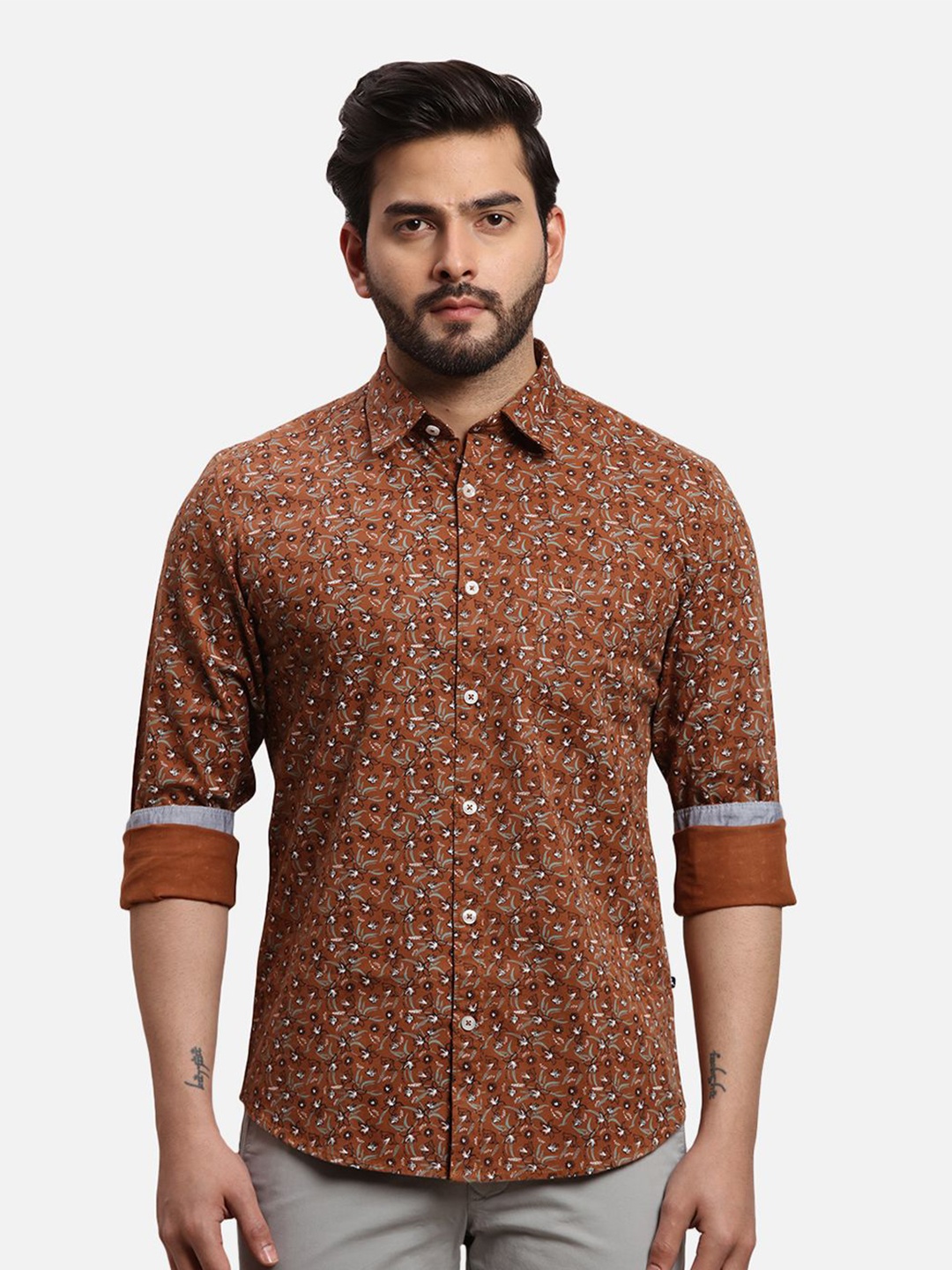 

Parx Men Slim Fit Opaque Printed Casual Shirt, Brown