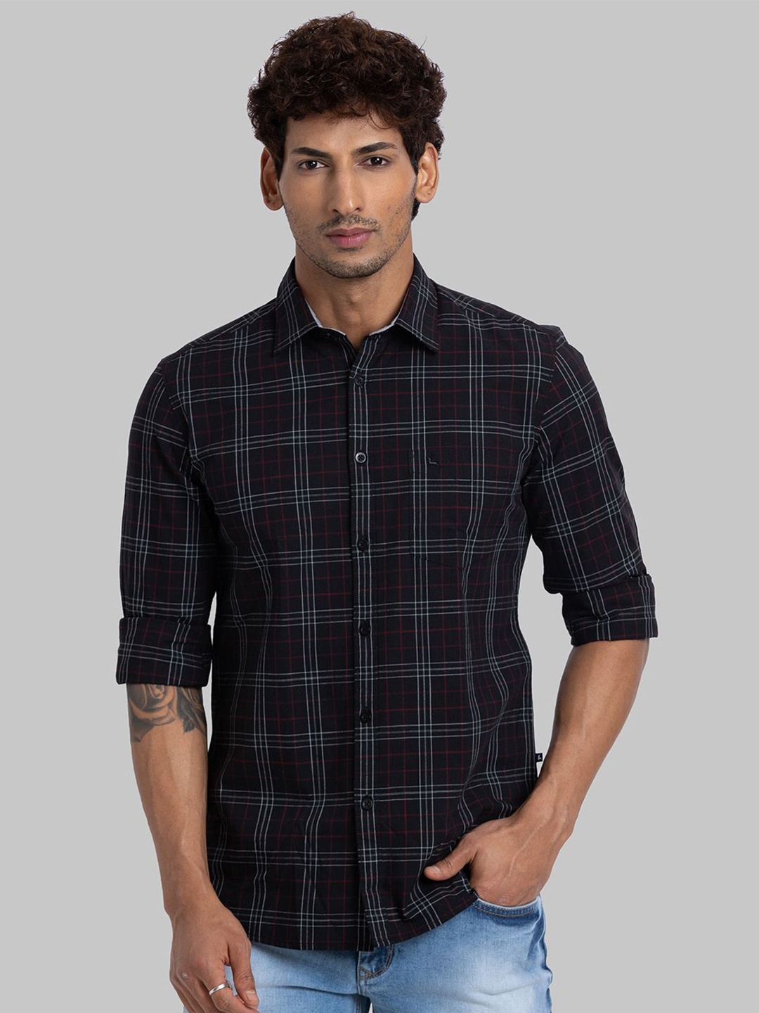 

Parx Men Slim Fit Tartan Checks Opaque Checked Casual Shirt, Black