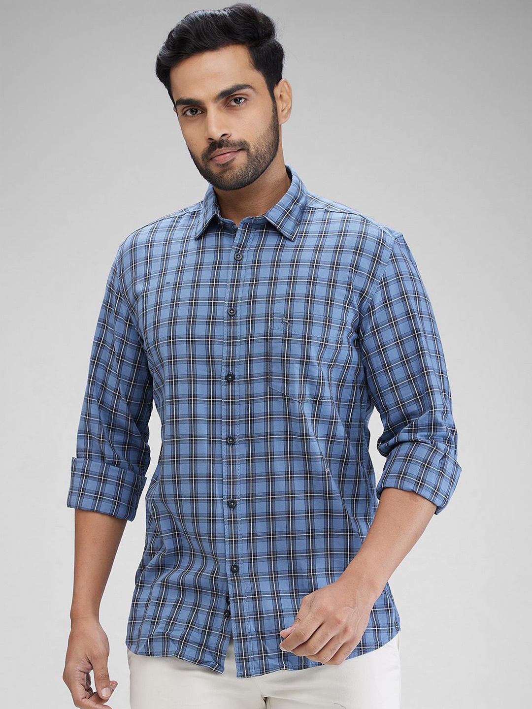

Parx Men Slim Fit Tartan Checks Opaque Checked Casual Shirt, Blue