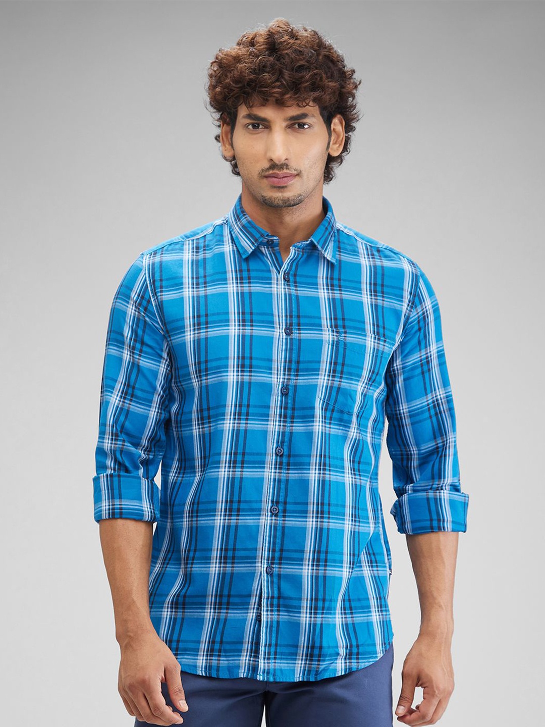 

Parx Men Slim Fit Tartan Checks Opaque Checked Casual Shirt, Blue