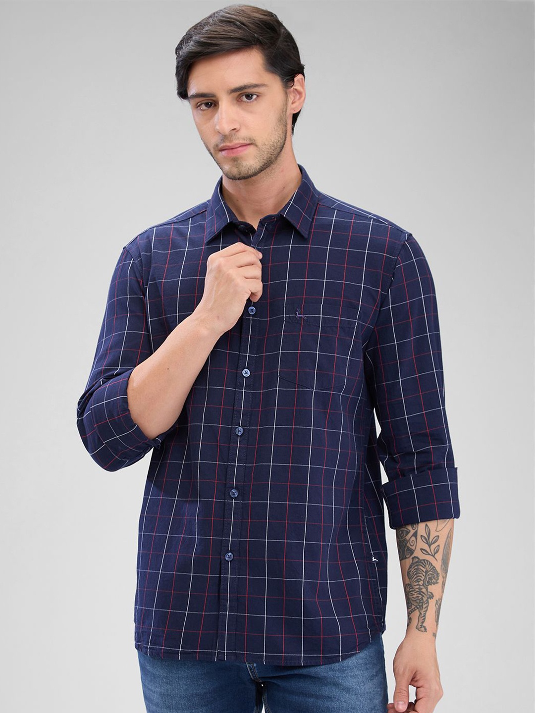 

Parx Men Slim Fit Tartan Checks Opaque Checked Casual Cotton Shirt, Blue