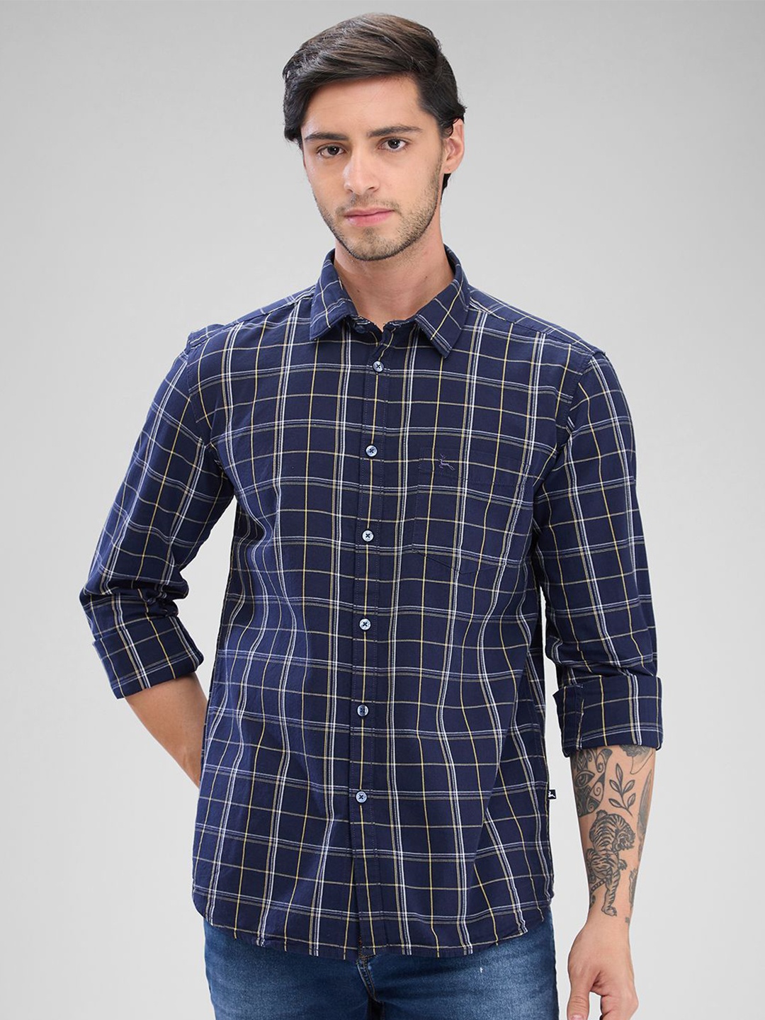 

Parx Men Slim Fit Tartan Checks Opaque Checked Casual Shirt, Blue