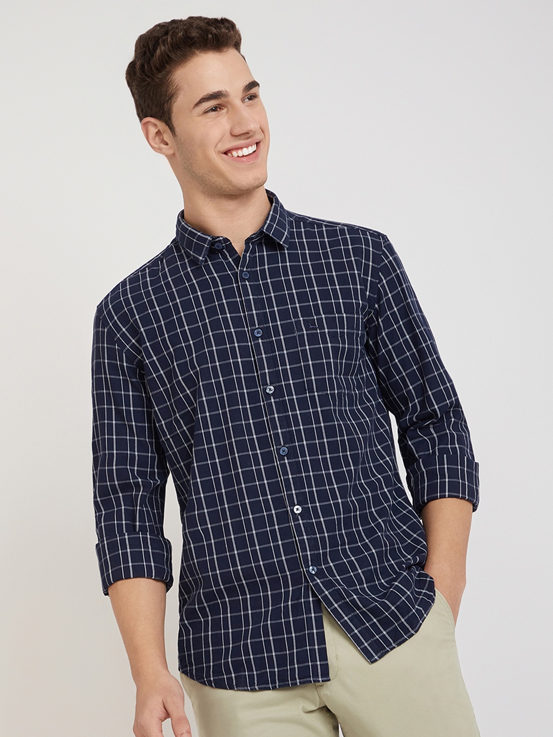

Parx Men Slim Fit Grid Tattersall Checks Opaque Checked Casual Shirt, Blue