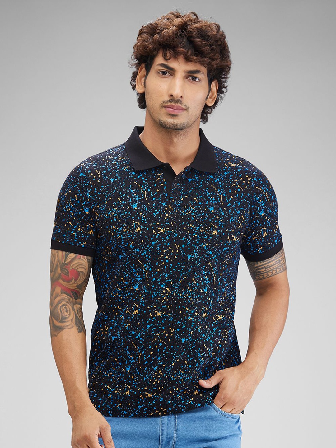 

Parx Men Floral Printed Polo Collar Pockets T-shirt, Black