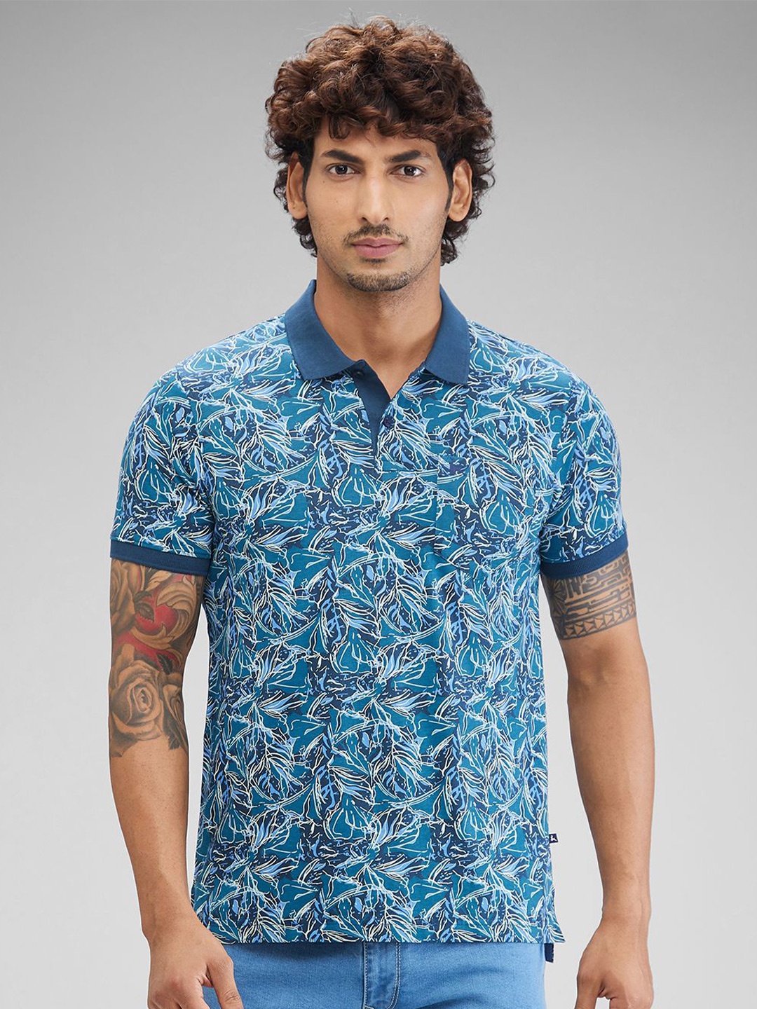 

Parx Men Floral Printed Polo Collar Pockets T-shirt, Blue