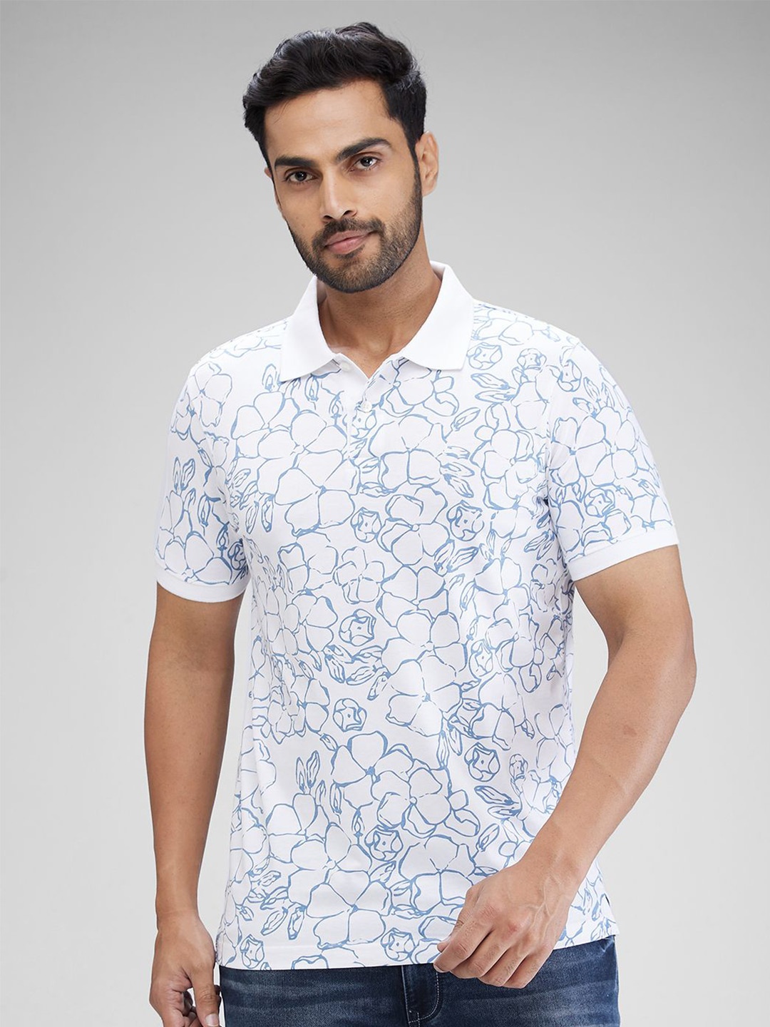 

Parx Men Floral Printed Polo Collar Raw Edge T-shirt, White