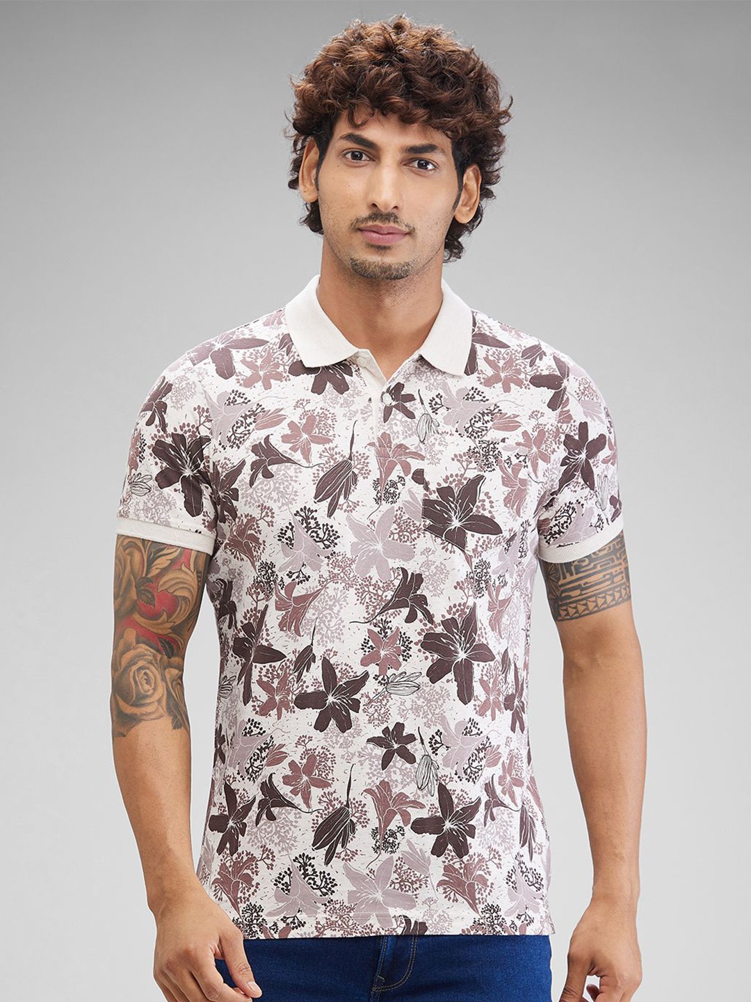 

Parx Men Floral Printed Polo Collar Pockets T-shirt, Beige