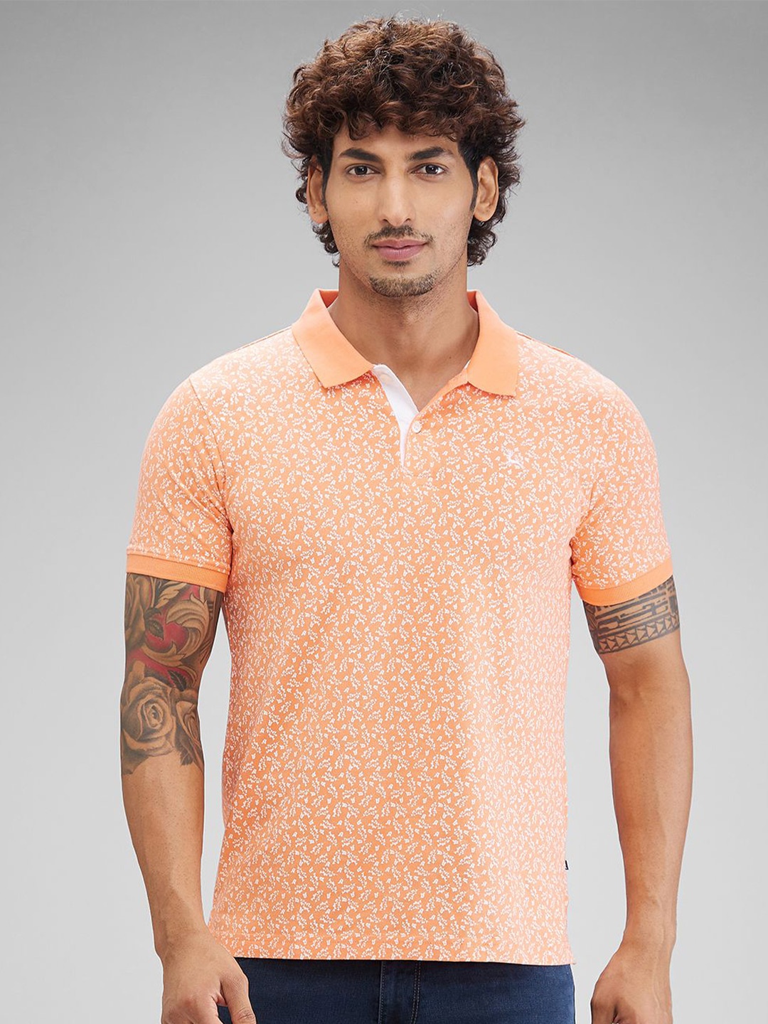 

Parx Men Floral Printed Polo Collar Pockets T-shirt, Orange