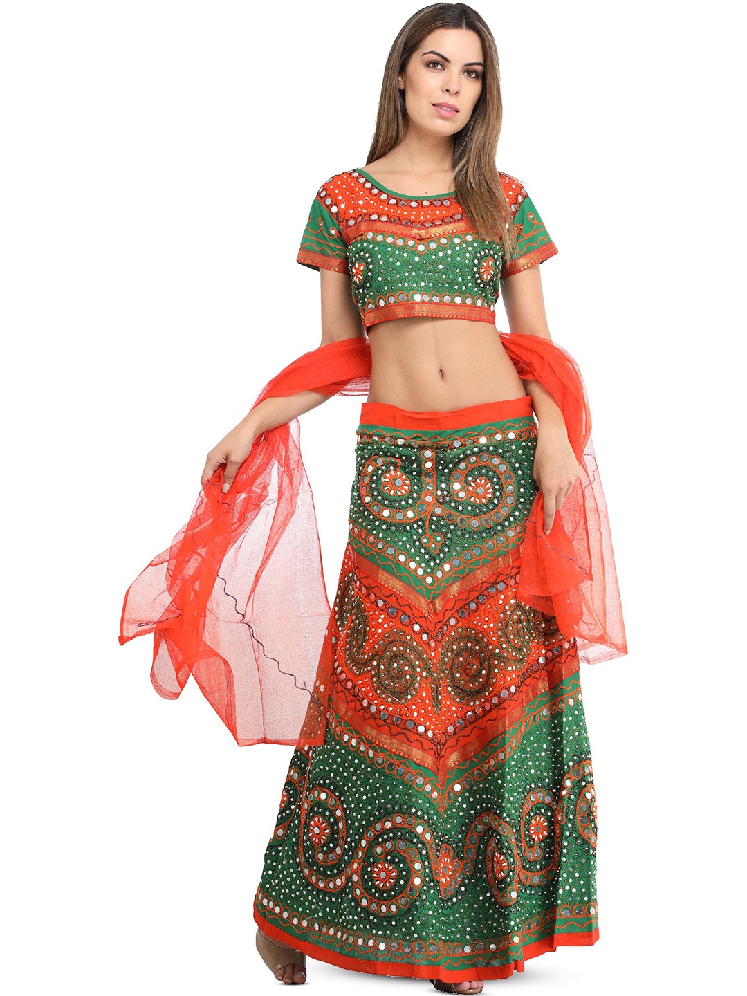 

Exotic India Embroidered Thread Work Ready to Wear Lehenga & Blouse With Dupatta, Green