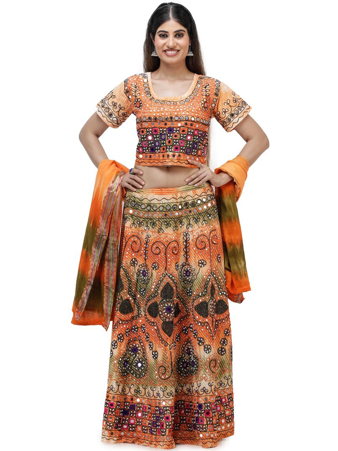

Exotic India Jodhpuri Lehenga Choli with Beads-Mirror Hand Embroidered, Orange