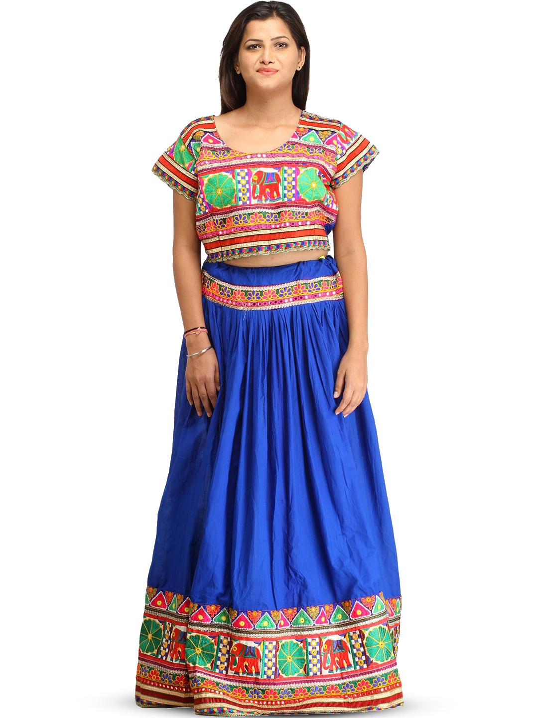 

Exotic India Nautical Blue Embroidered Two-Piece Lehenga Choli with Elephants and Mirrors