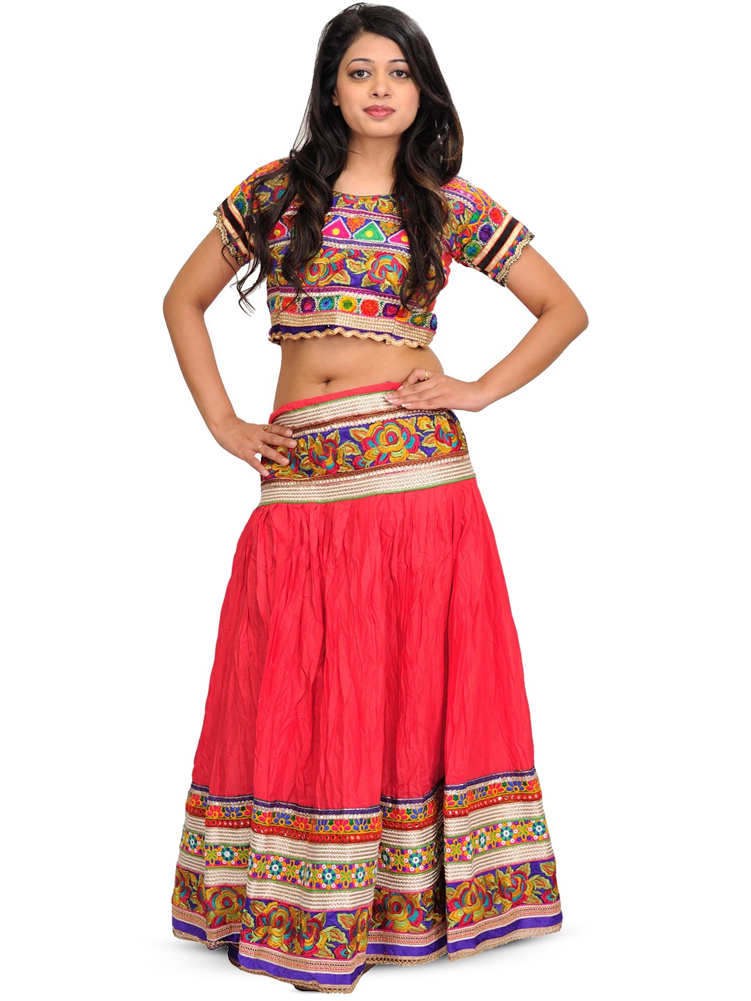 

Exotic India Porcelain Rose Thread Embroidered Two-Piece Lehenga Choli with Gota Border