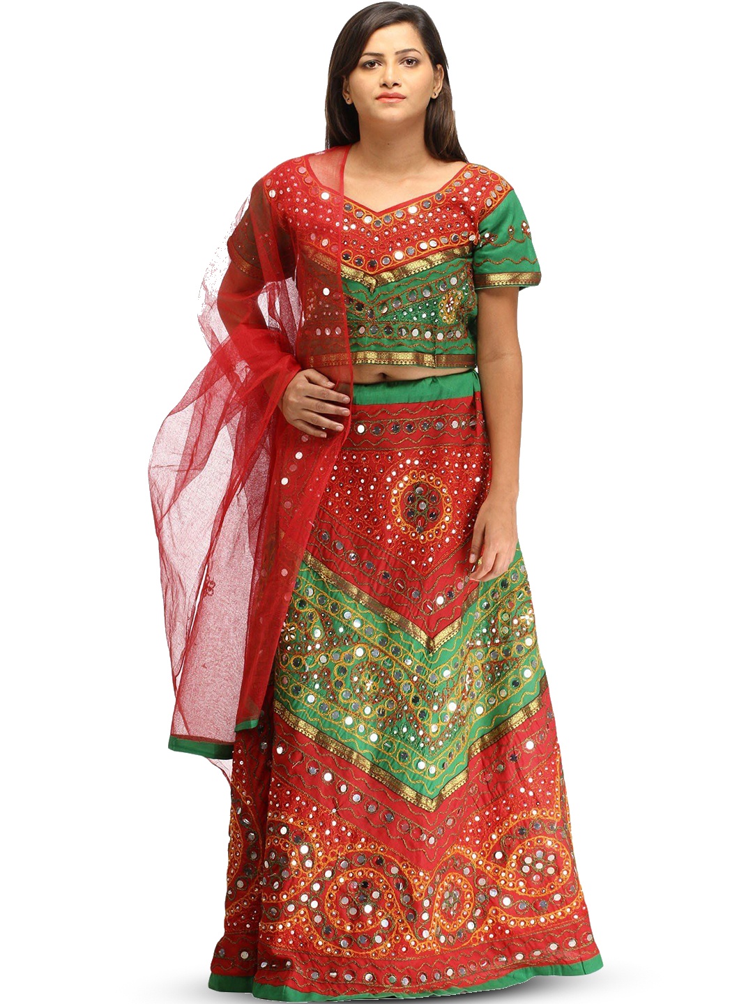 

Exotic India Embroidered Mirror Work Ready to Wear Lehenga & Blouse With Dupatta, Red