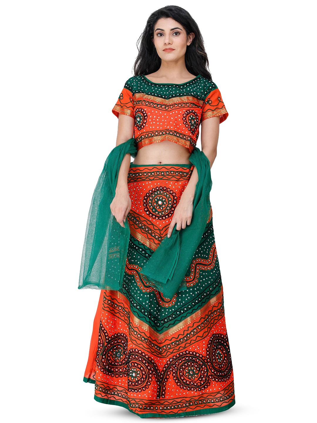 

Exotic India Women Embroidered Thread Work Ready to Wear Lehenga & Blouse With Dupatta, Orange