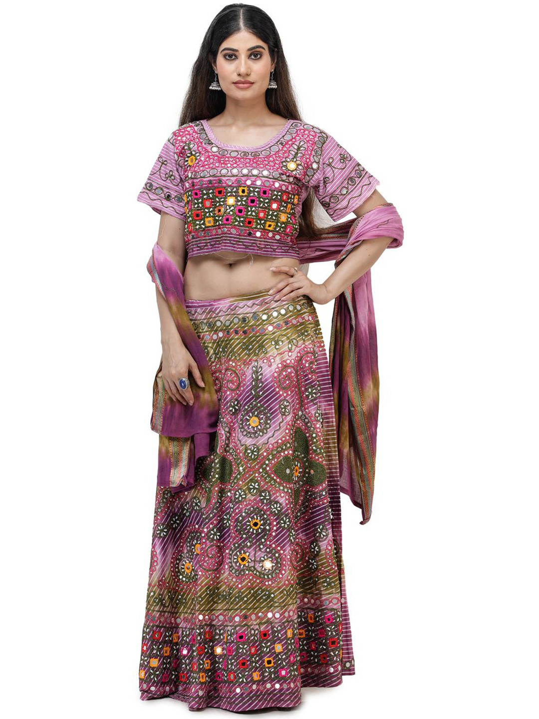 

Exotic India Women Embroidered Mirror Work Ready to Wear Lehenga & Blouse With Dupatta, Purple