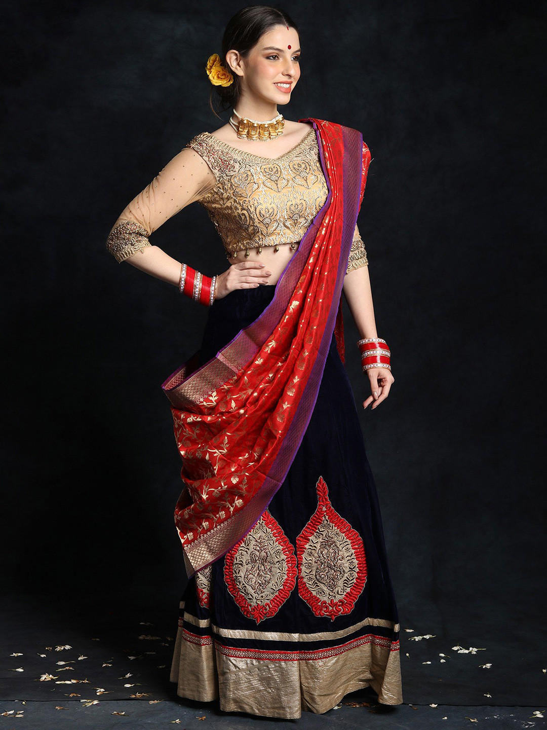 

Exotic India Vintage Bridal Lehenga with Choli and Zardozi-Bead work with Banarasi Dupatta, Navy blue