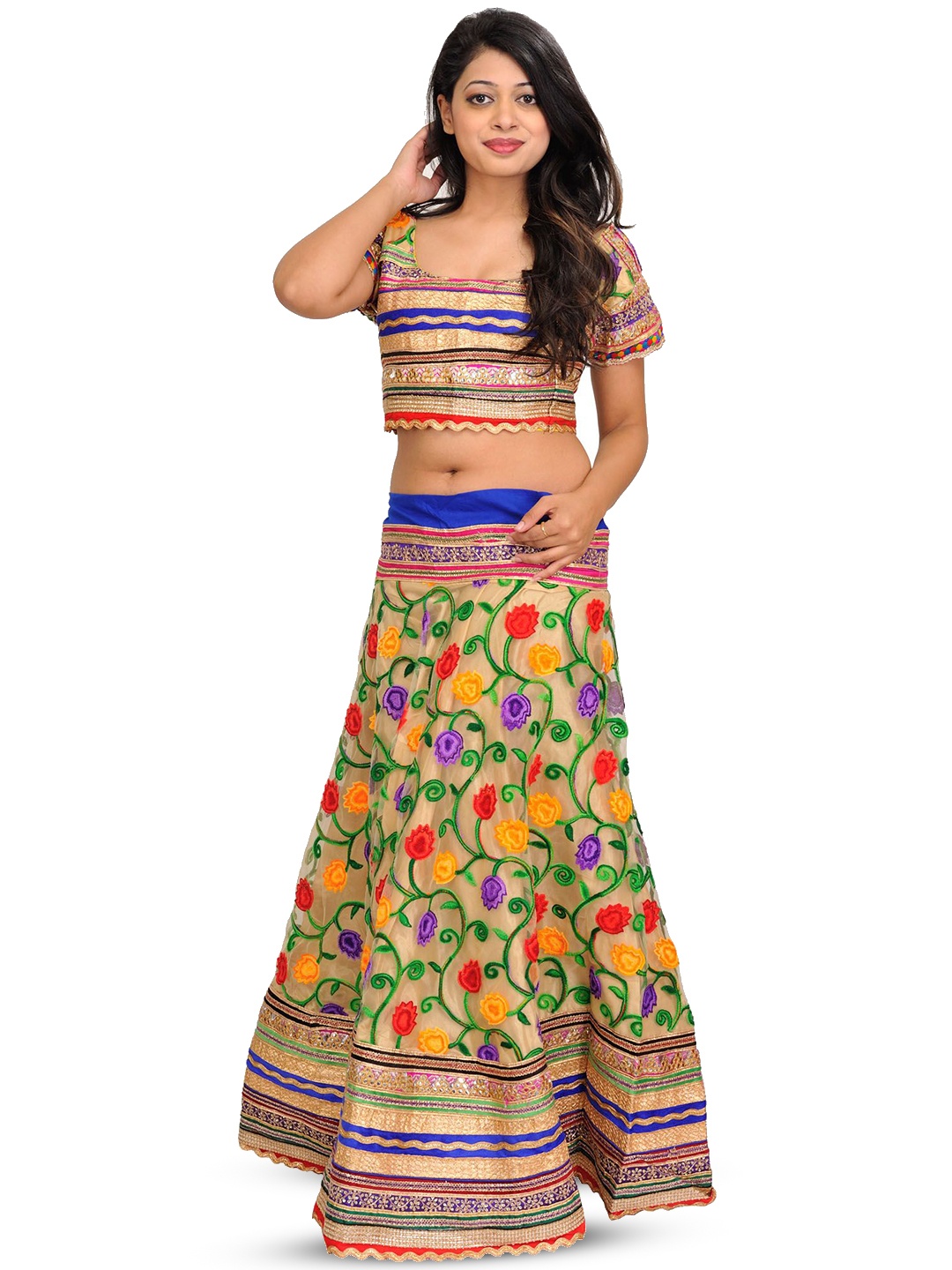 

Exotic India Aari-Embroidered Flowers Two-Piece Net Lehenga Choli with Gota Patch Border, Yellow