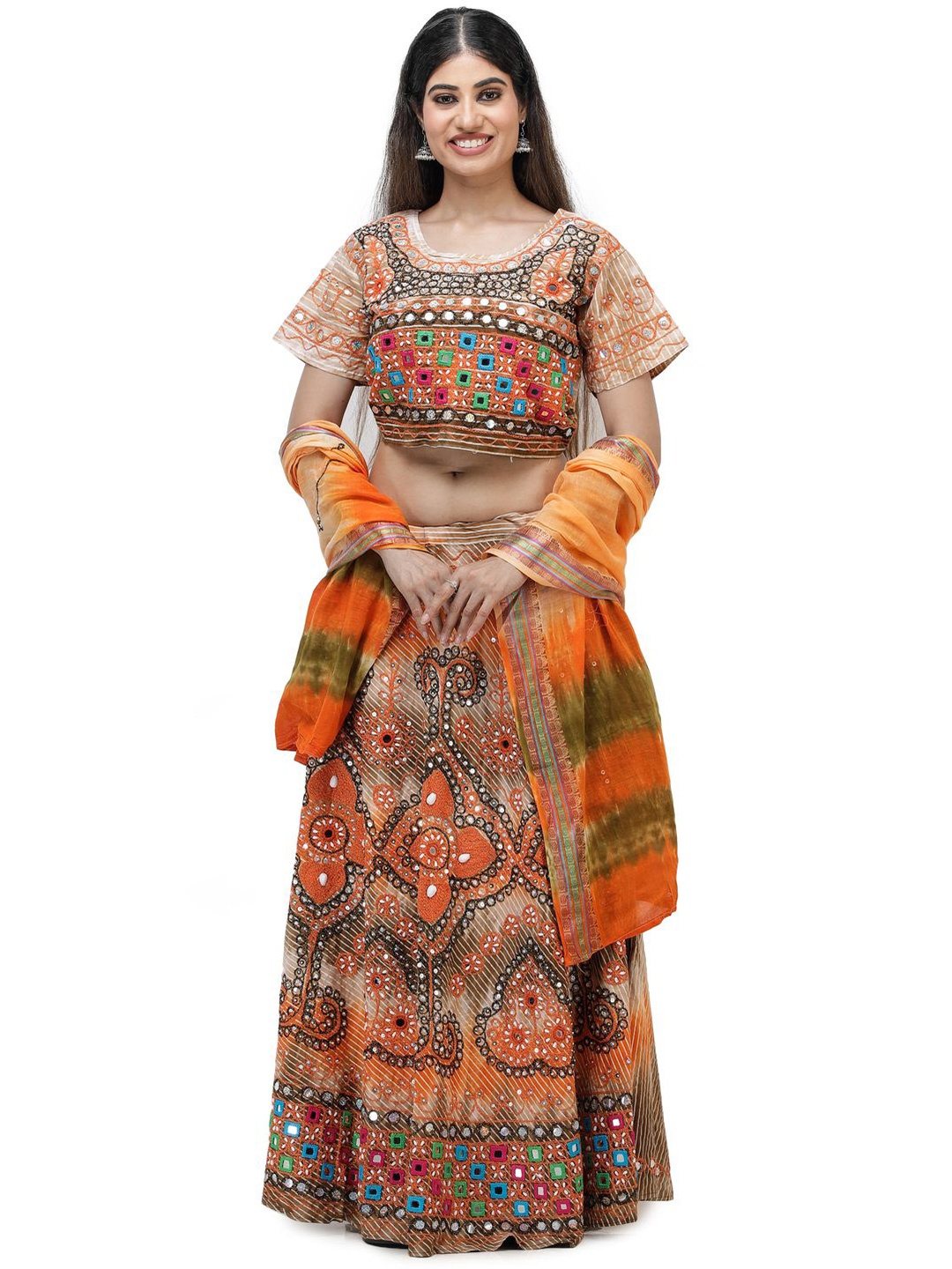 

Exotic India Dragon Fire Jodhpuri Lehenga Choli with Beads-Mirror Hand Embroidery, Orange