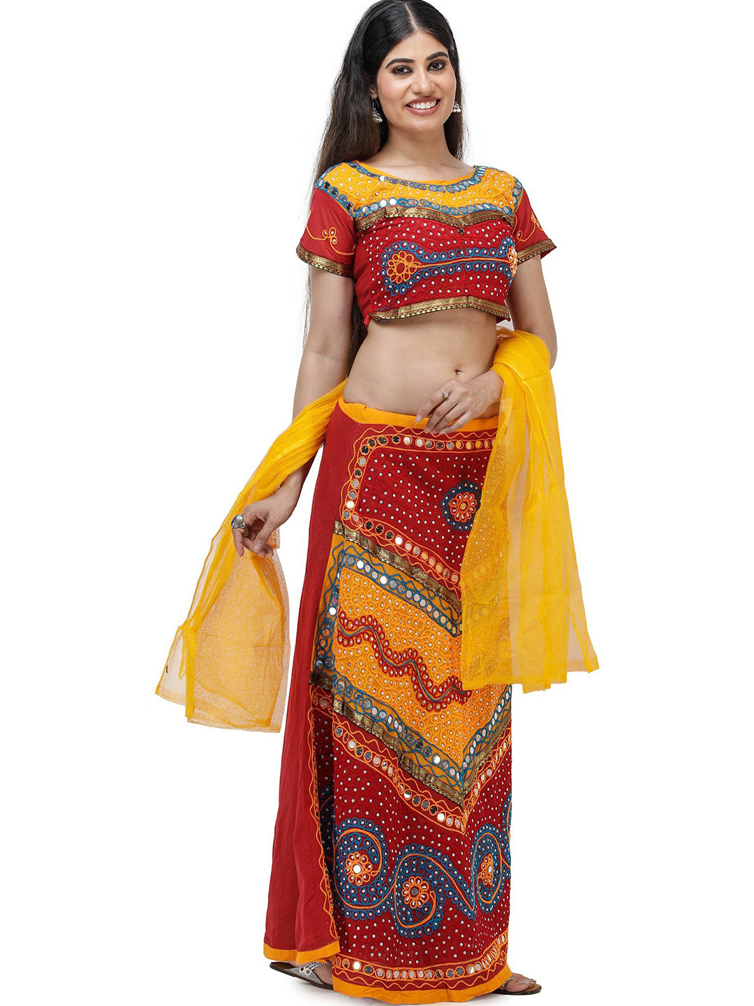 

Exotic India Turmeric And Red Sequins-Thread Embroidered Rajasthani Style Lehenga Choli