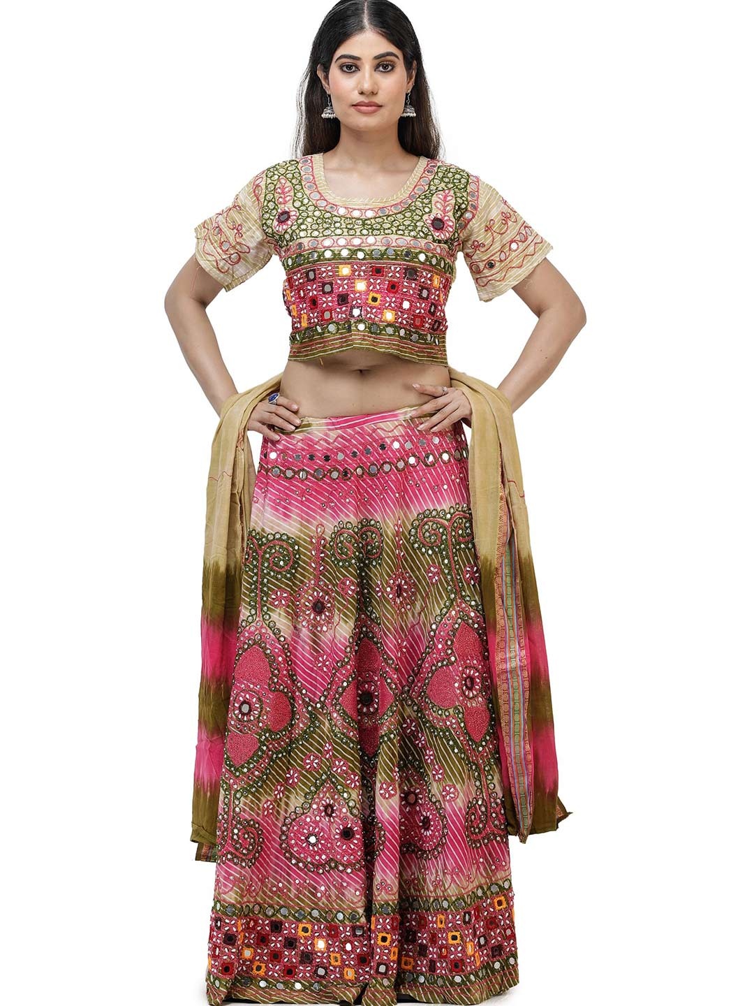 

Exotic India Paradise Pink Jodhpuri Lehenga Choli with Beads-Mirror Embroidery