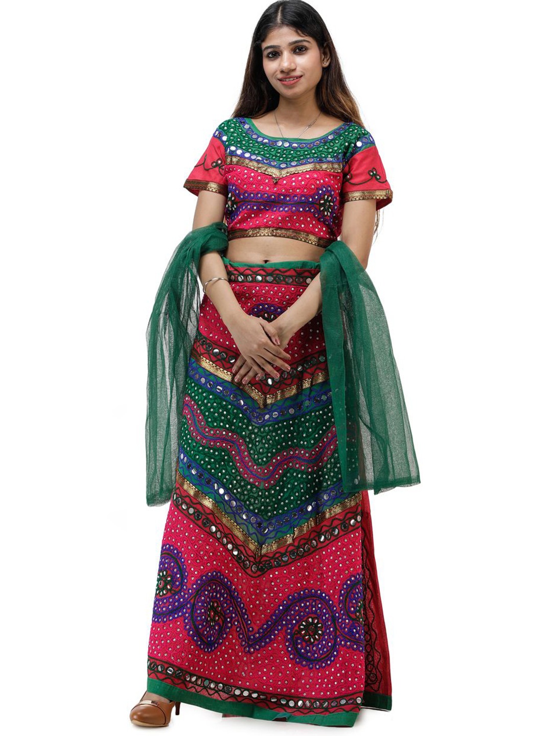 

Exotic India Lush Green And Pink Sequins Thread Embroidered Rajasthani Style Lehenga Choli