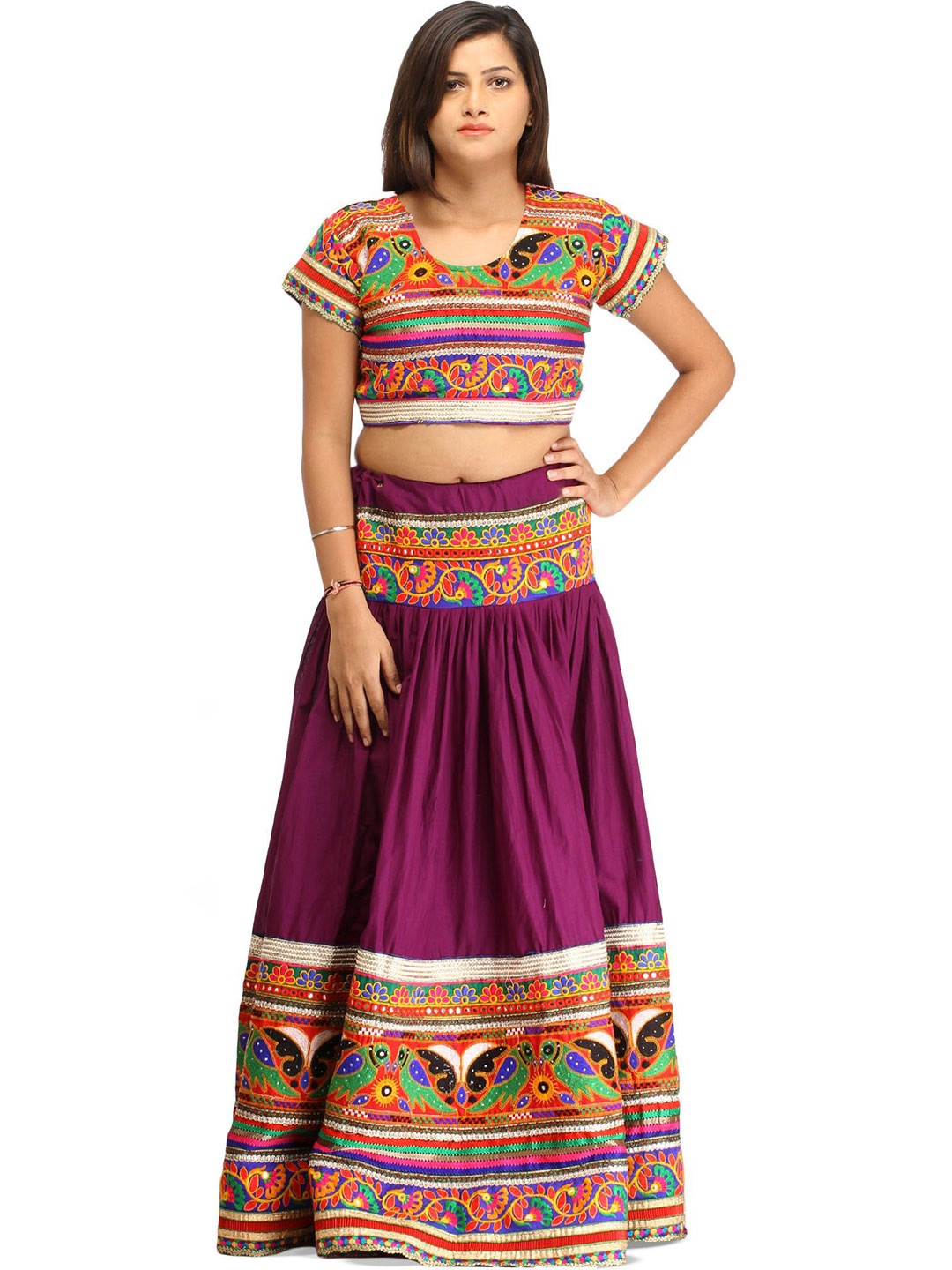 

Exotic India Wood Violet Two-Piece Lehenga Choli with Floral-Embroidery and Mirrors