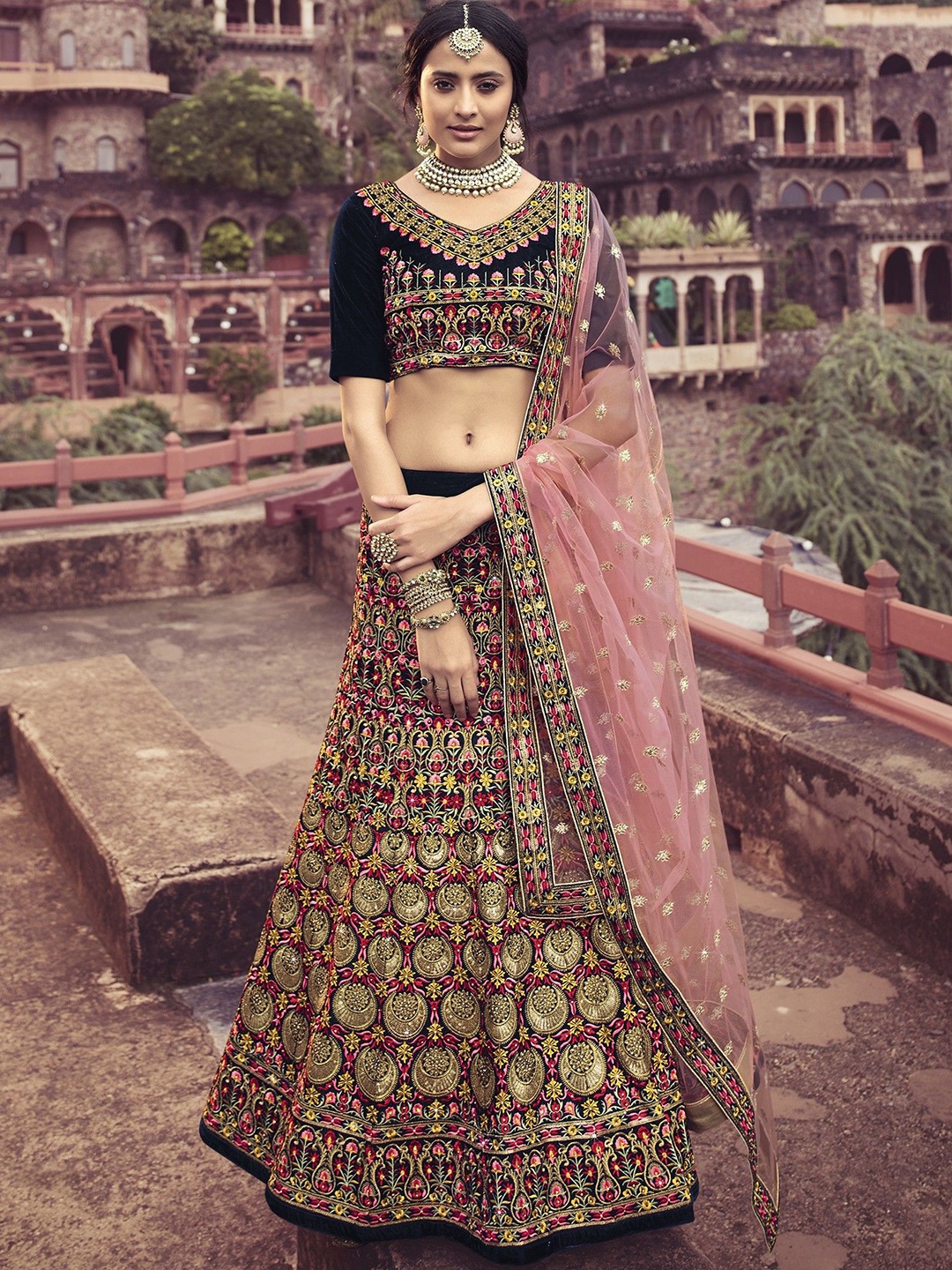 

Exotic India Embroidered Beads and Stones Ready to Wear Lehenga & Blouse With Dupatta, Navy blue