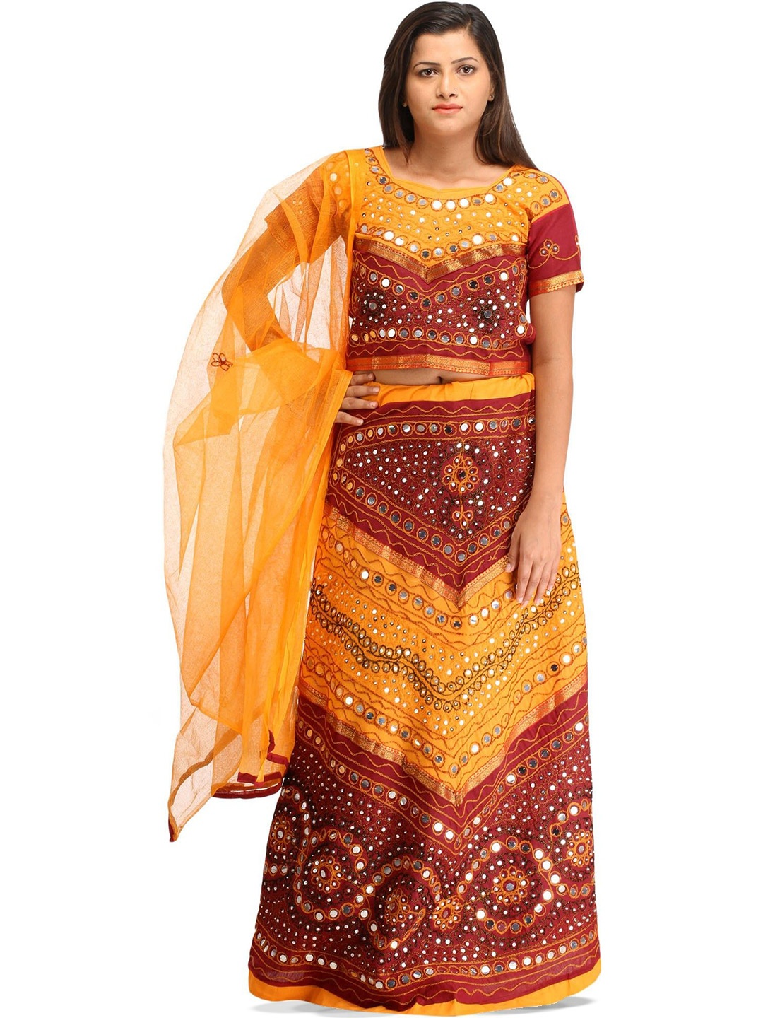 

Exotic India Embroidered Thread Work Ready to Wear Lehenga & Blouse With Dupatta, Orange