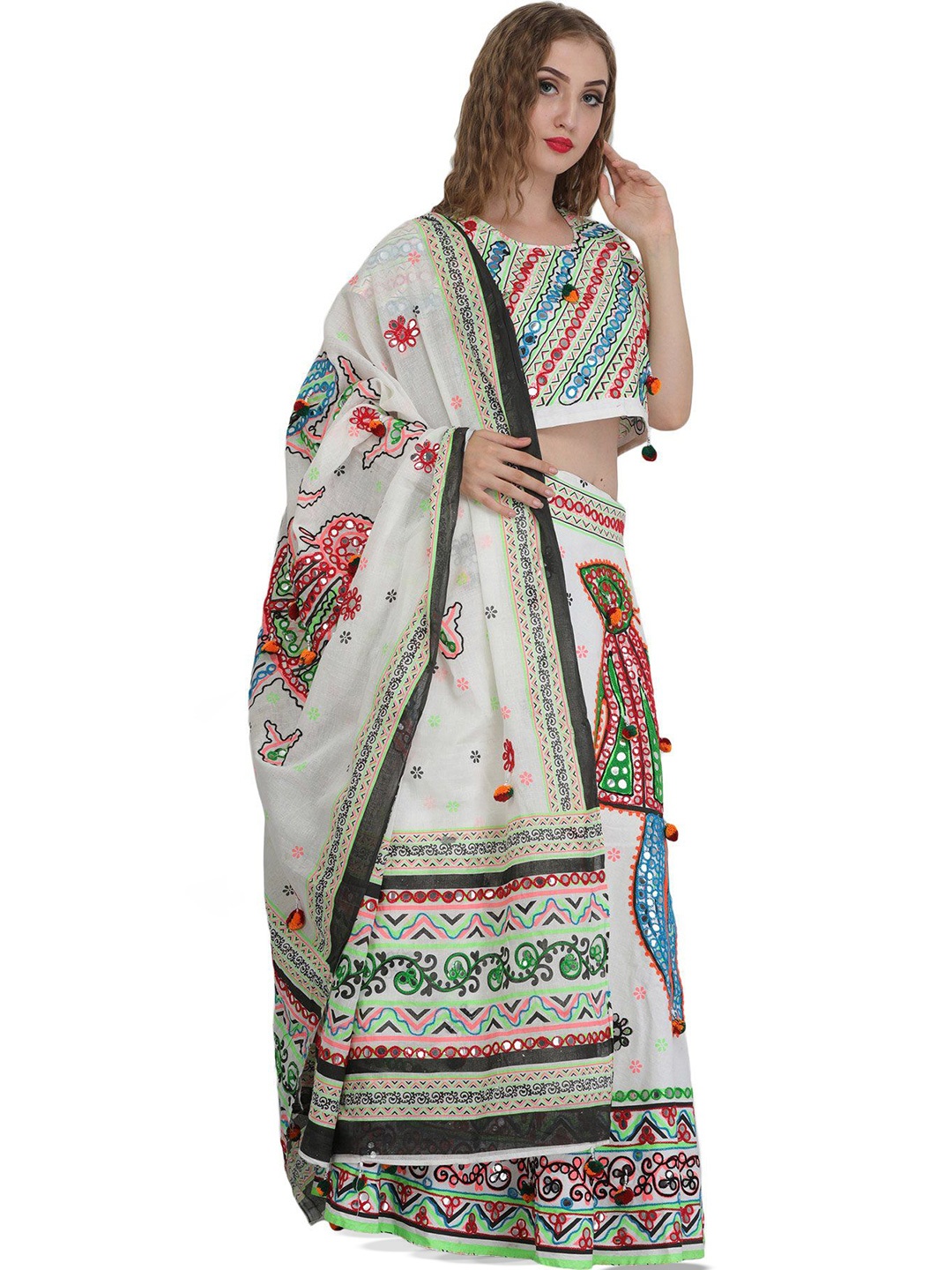 

Exotic India Women Embroidered Mirror Work Ready to Wear Lehenga & Blouse With Dupatta, White