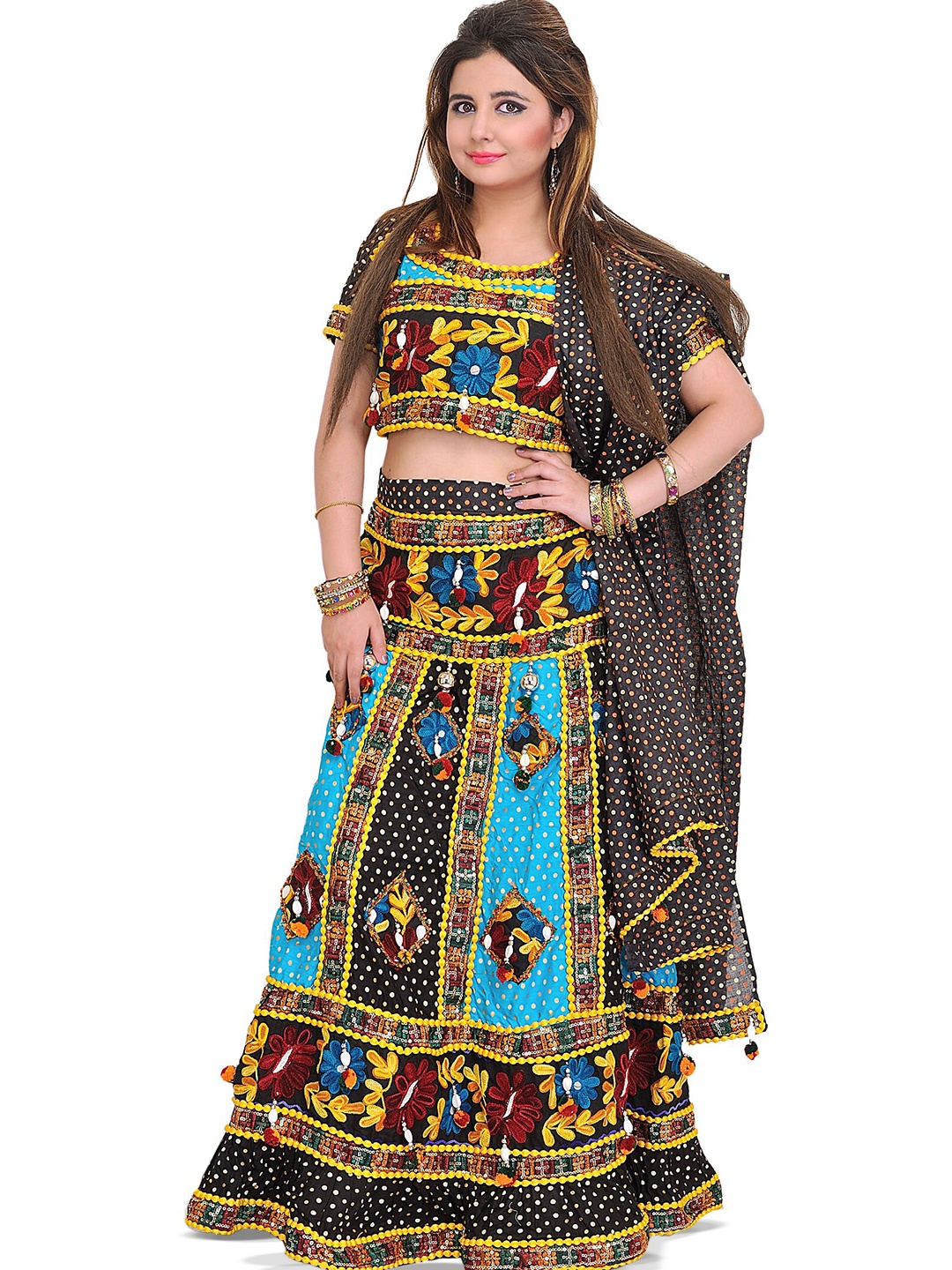 

Exotic India Floral Embroidered Jodhpuri Pure Cotton Lehenga Choli with Printed Polka Dots, Black