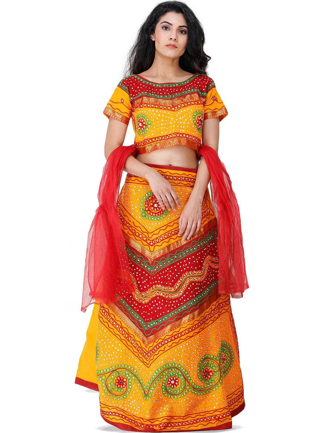 

Exotic India Embroidered Sequinned Ready to Wear Lehenga & Blouse With Dupatta, Orange