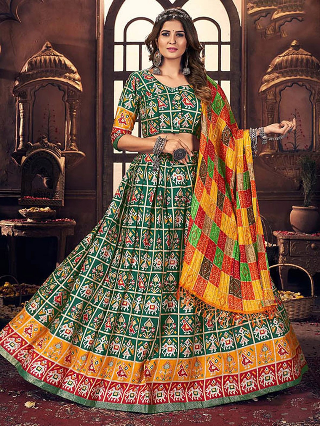 

Exotic India Printed Cotton Ready to Wear Lehenga & Blouse With Dupatta, Green