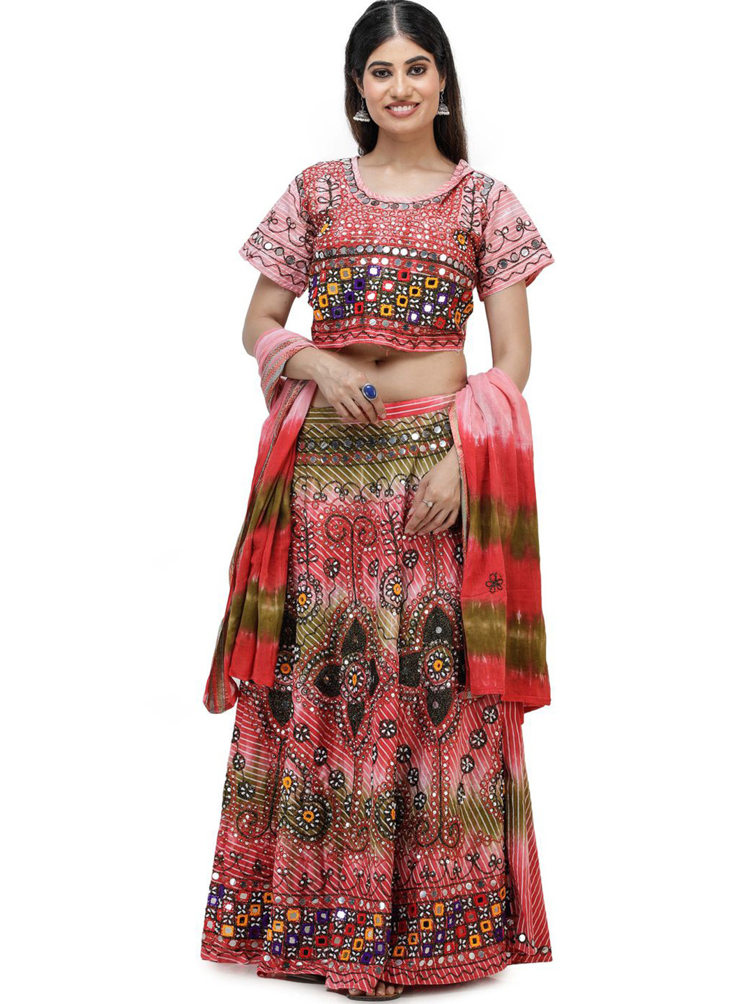

Exotic India Women Embroidered Mirror Work Ready to Wear Lehenga & Blouse With Dupatta, Coral